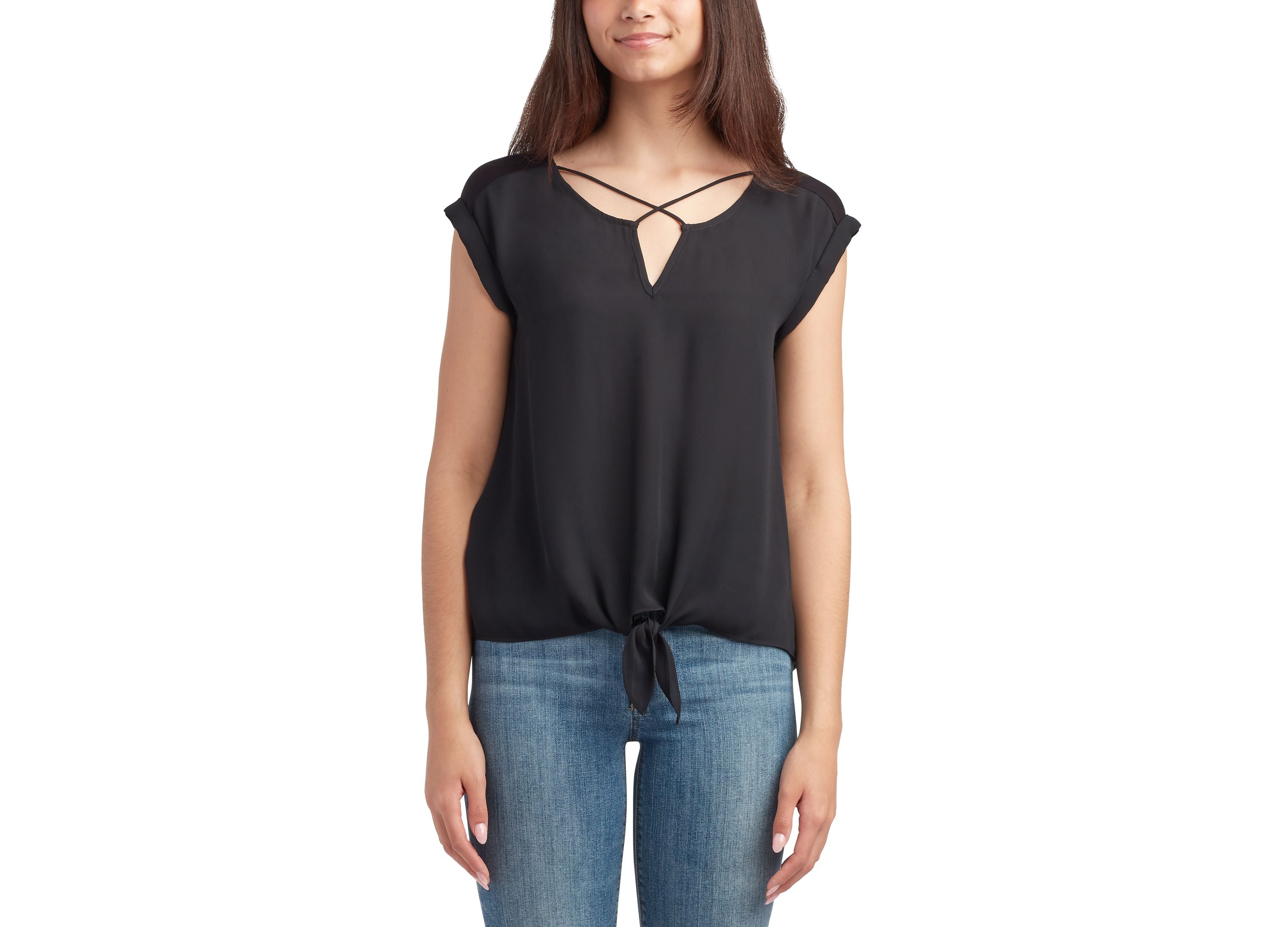 Juniors' Lattice-Detail Split-Neck Pullover Top