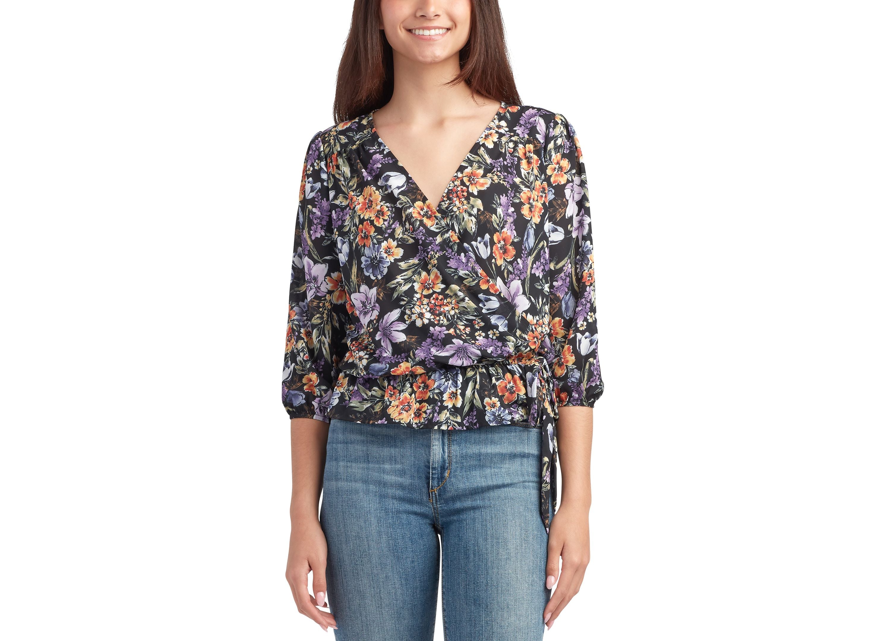 Juniors' 3/4-Sleeve Wrap Tie Top