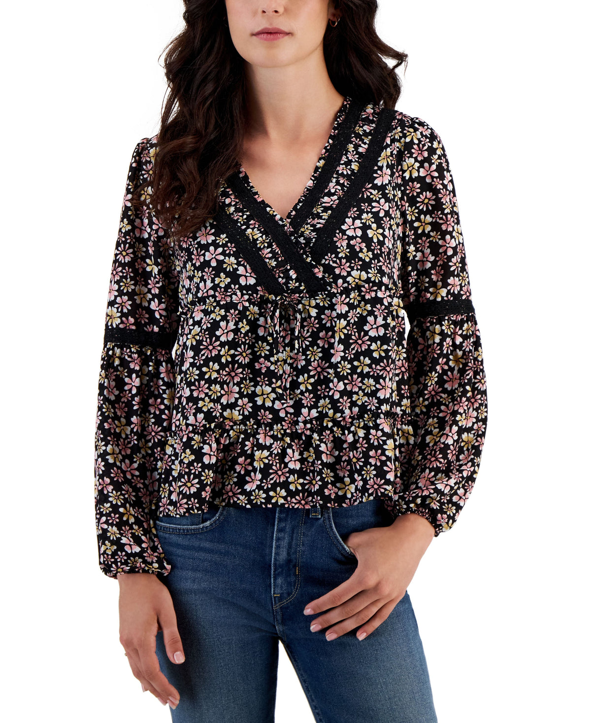 Juniors' Crochet-Trimmed Surplice Tiered Top