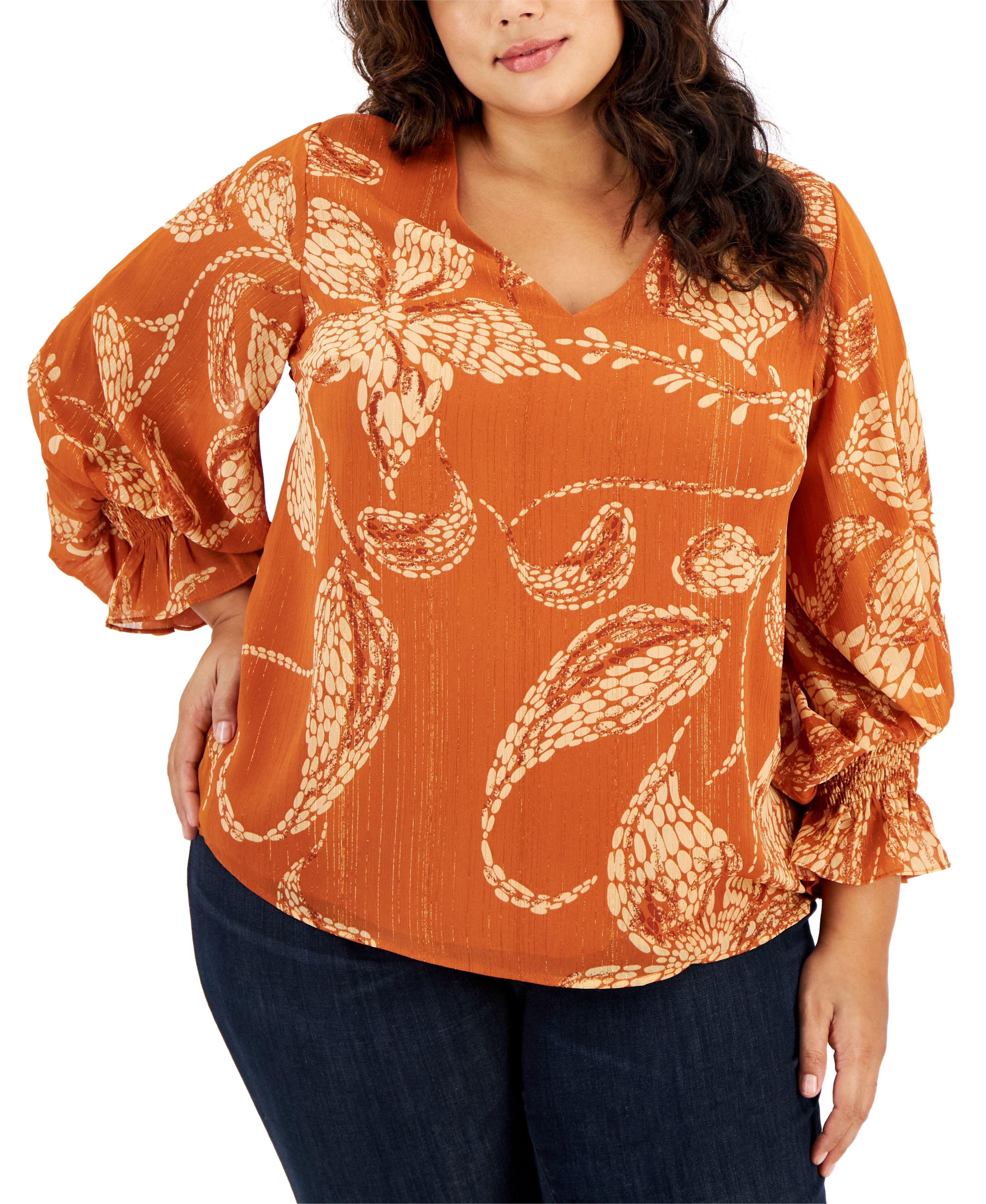 Plus Size Blouson-Sleeve Smocked-Cuff V-Neck Blouse