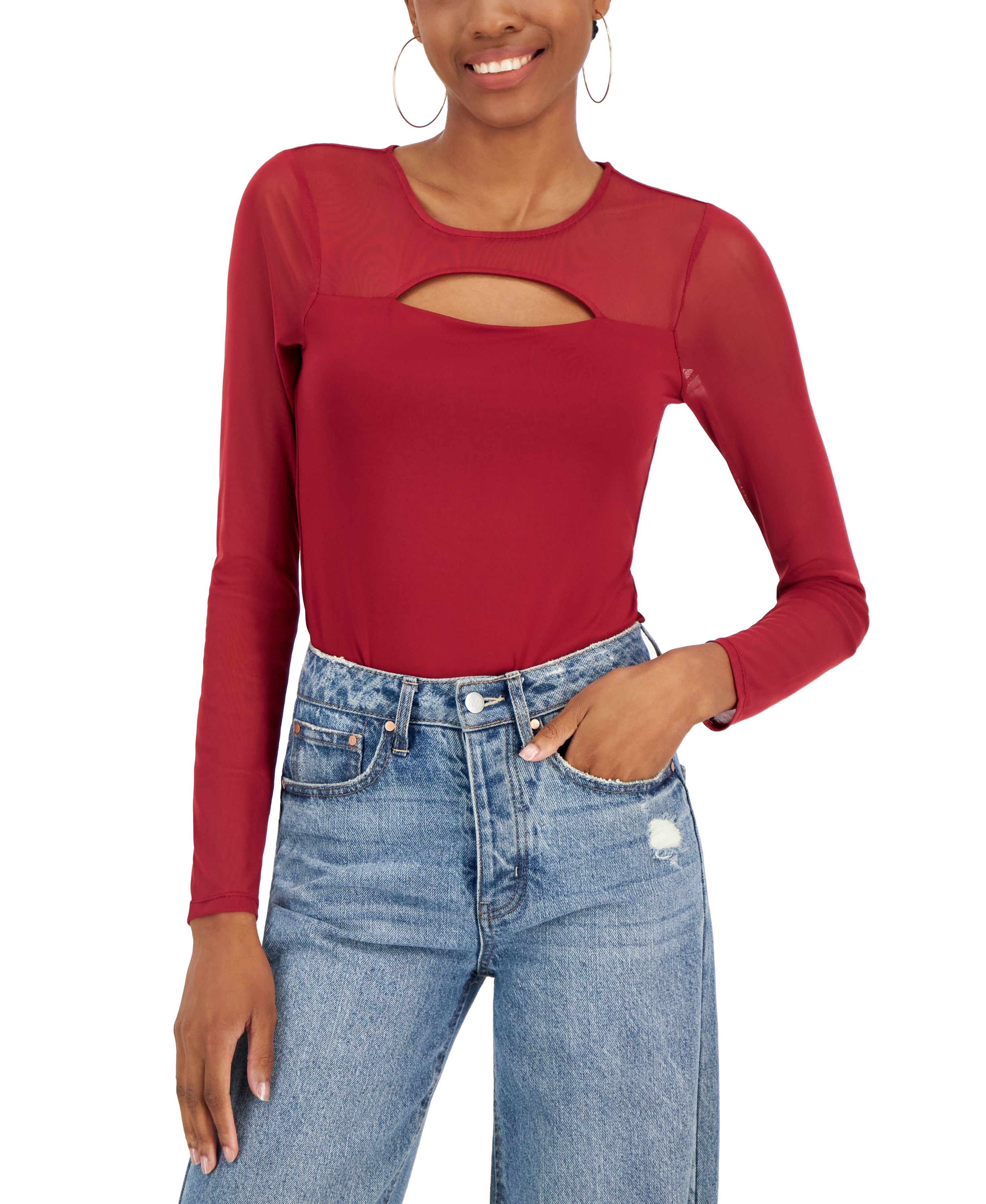 Juniors' Cutout Illusion Mesh Bodysuit