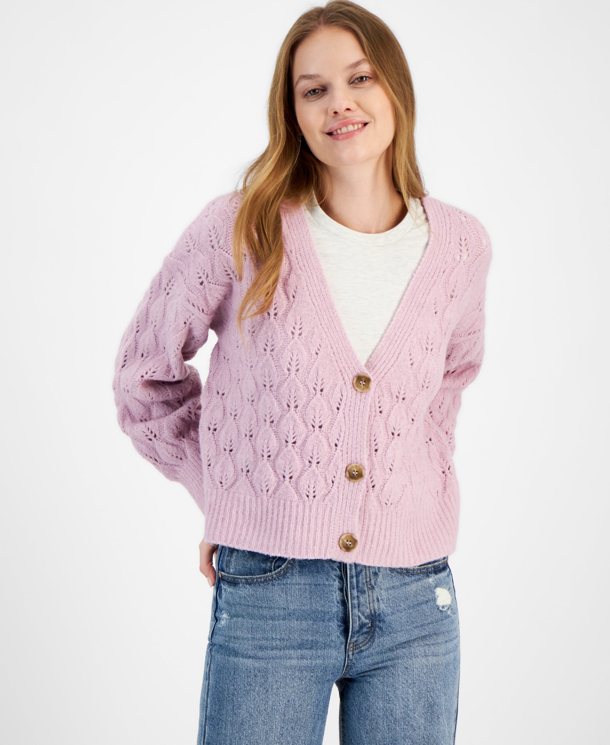 Women's Leaf-Stitch Cardigan Sweater & High-Rise Straight-Leg Jeans Mauve Shadows M