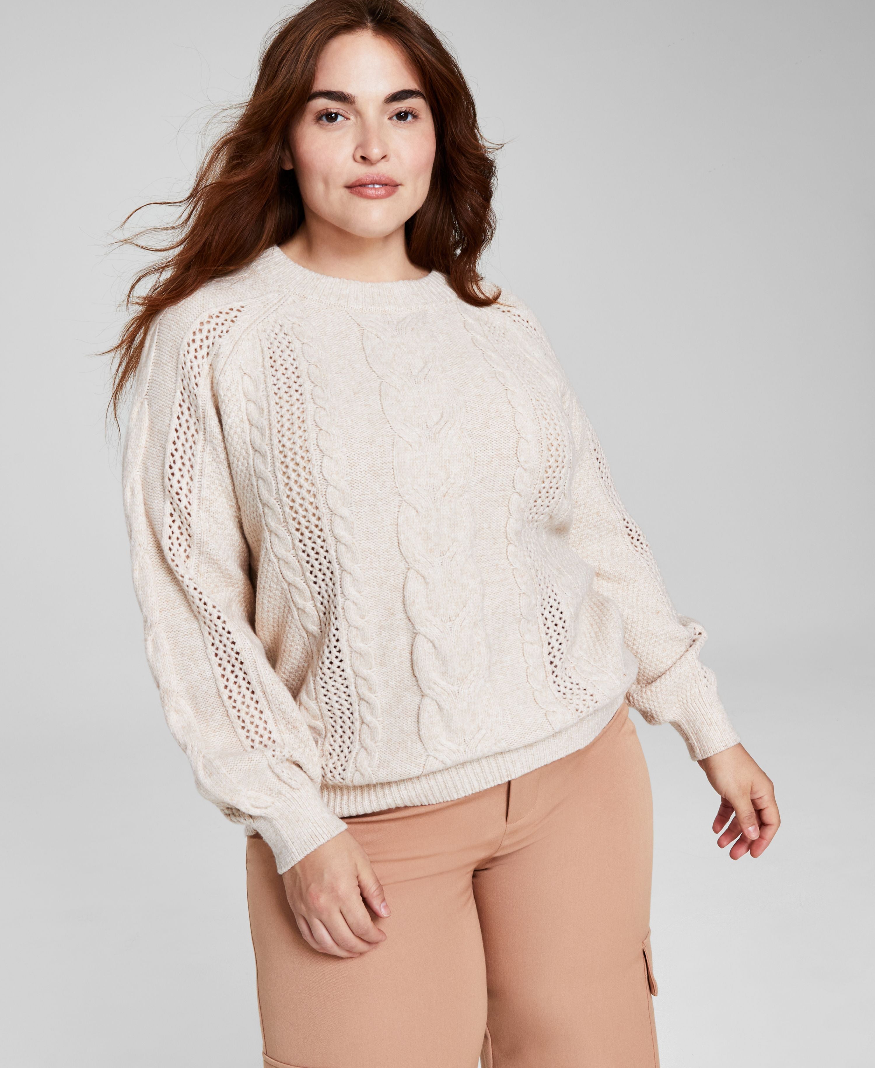 Trendy Plus Size Mixed-Knit Crewneck Sweater