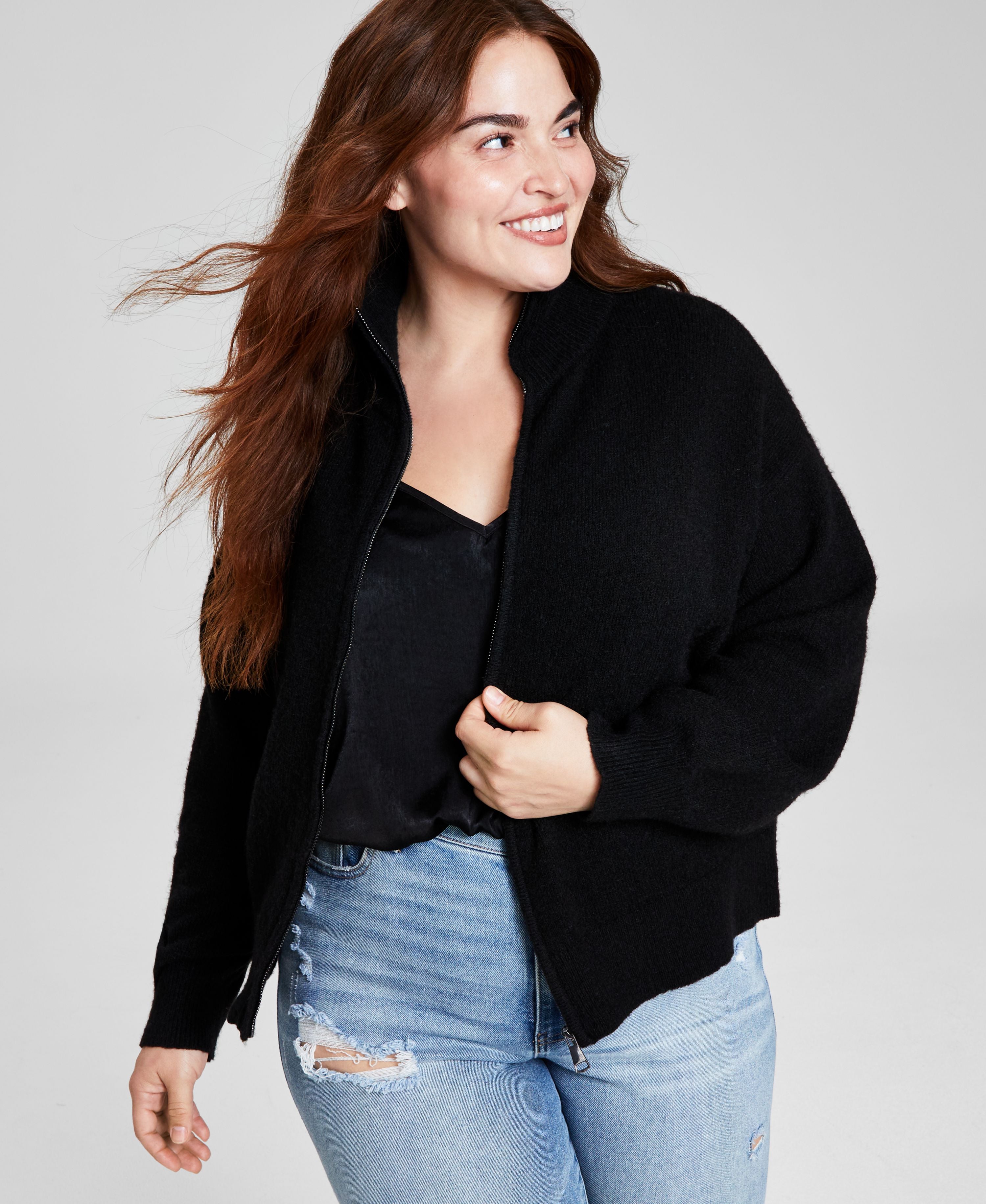 Trendy Plus Size Zippered Mock-Neck Sweater