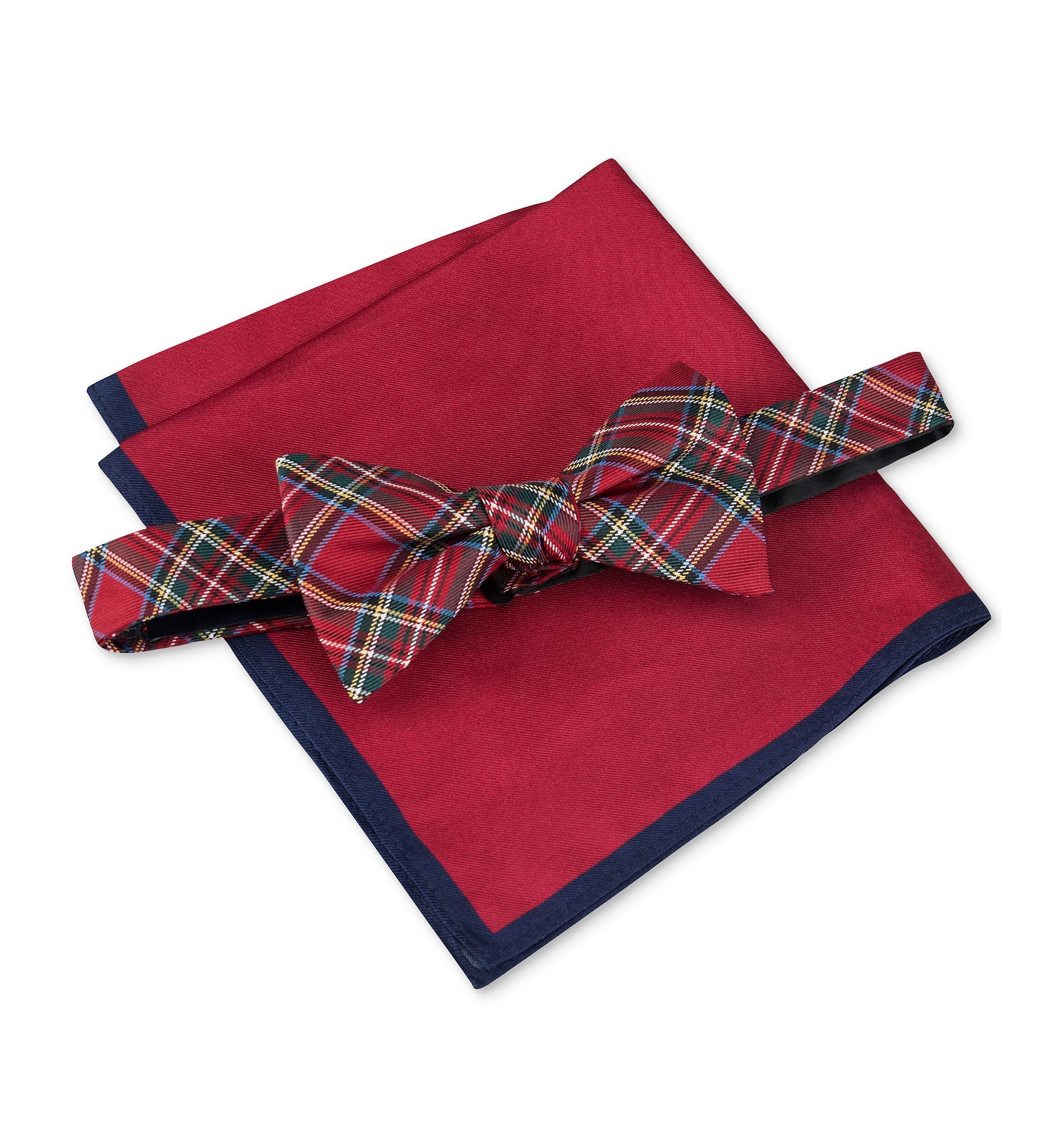 Men's Royal Plaid Bow Tie & Solid Pocket Square Set