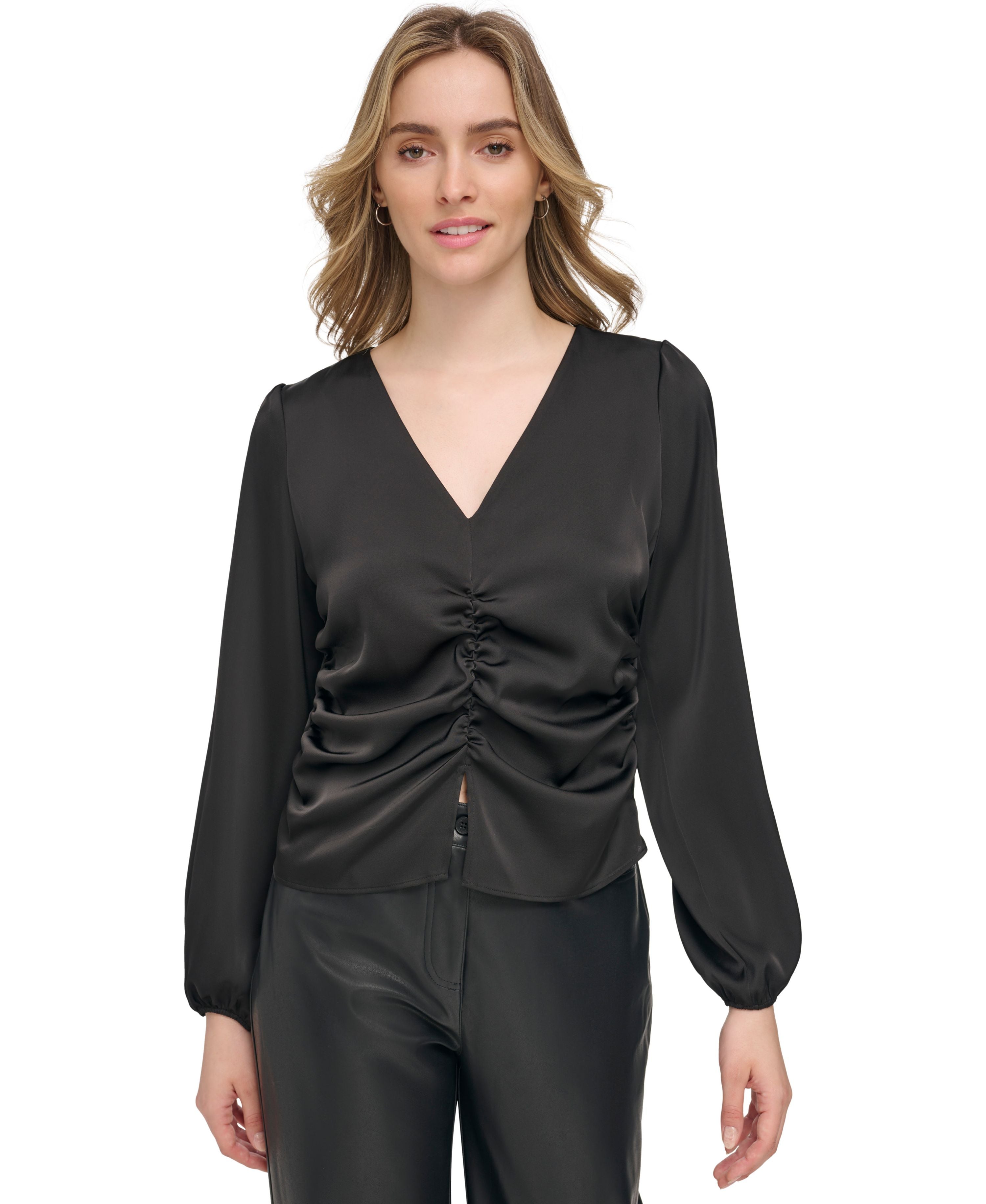 Women's Ruched-Front Puff-Sleeve Blouse