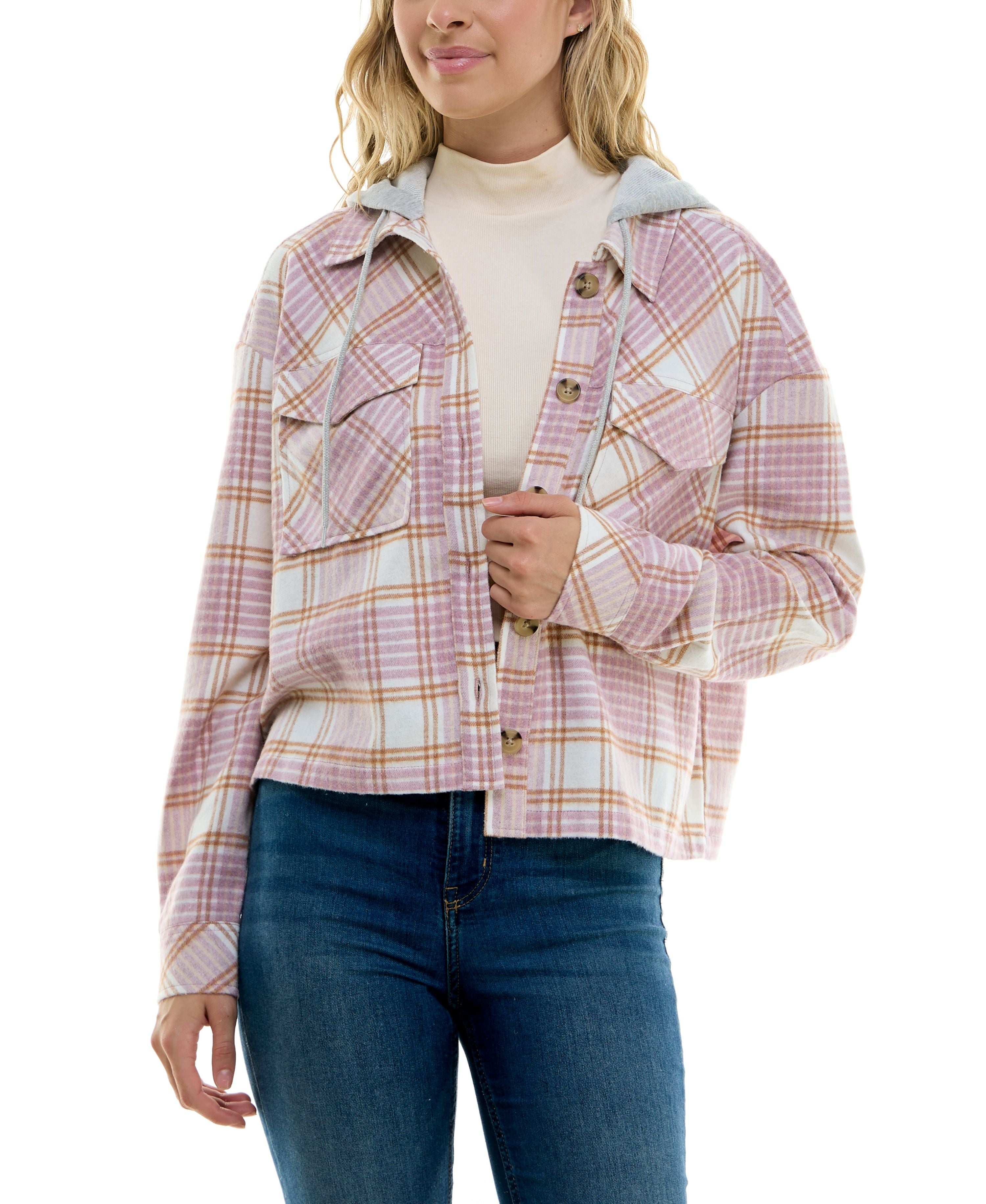 Juniors' Plaid Hoodie Shacket