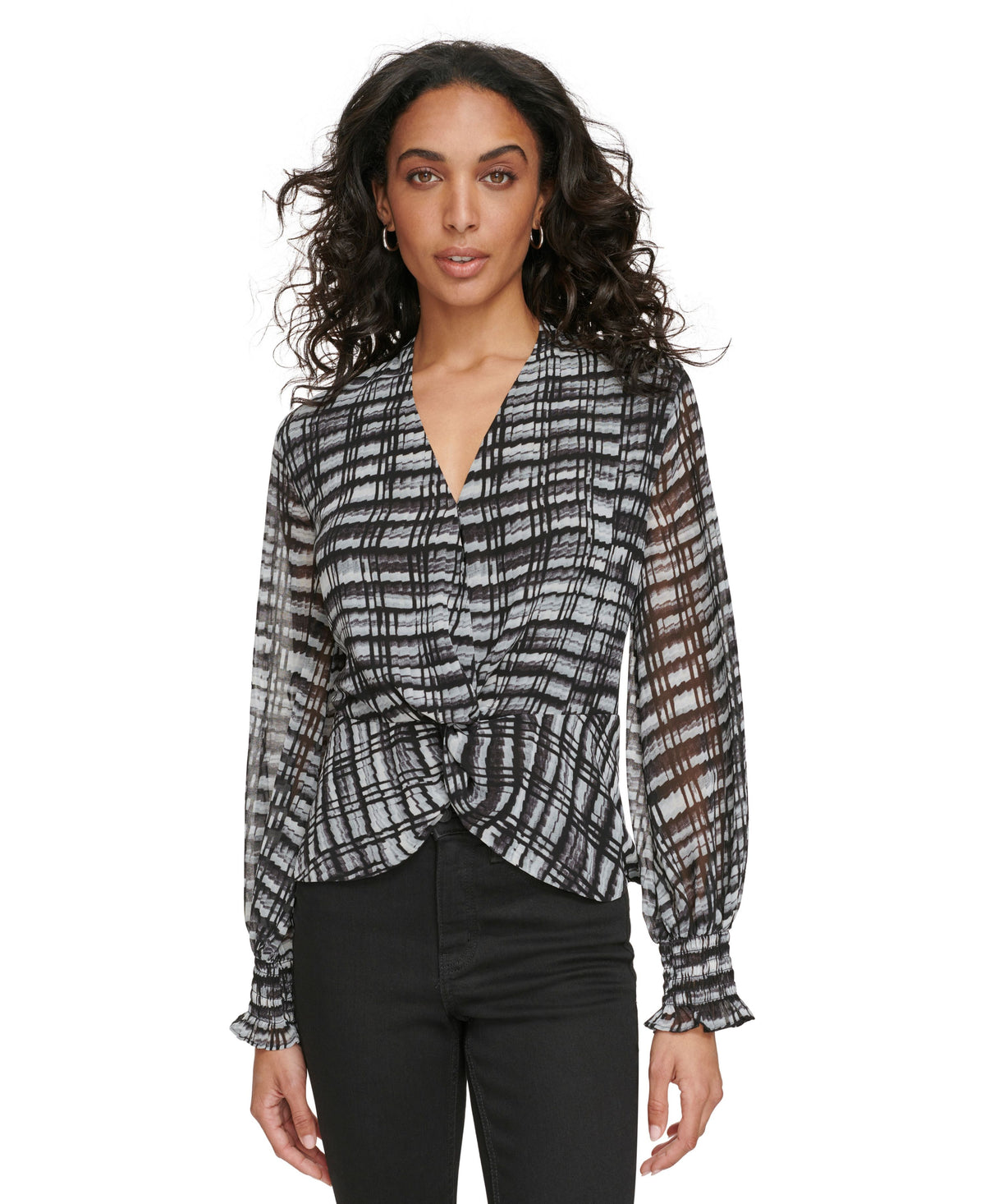 Women's Printed V-Neck Smocked-Cuff Twist-Front Top