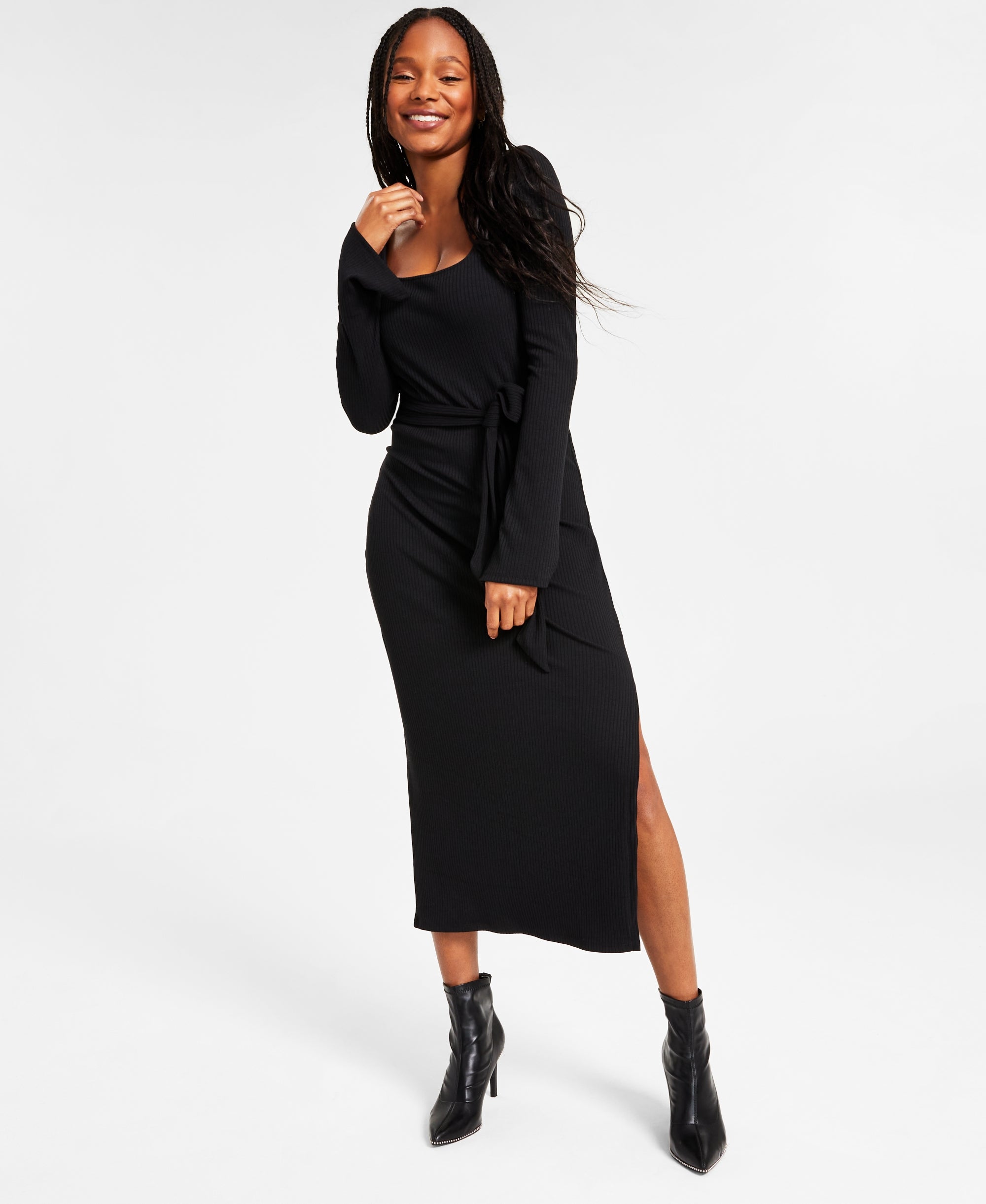 Women's Long-Sleeve Square-Neck Tie Rib Midi Dress