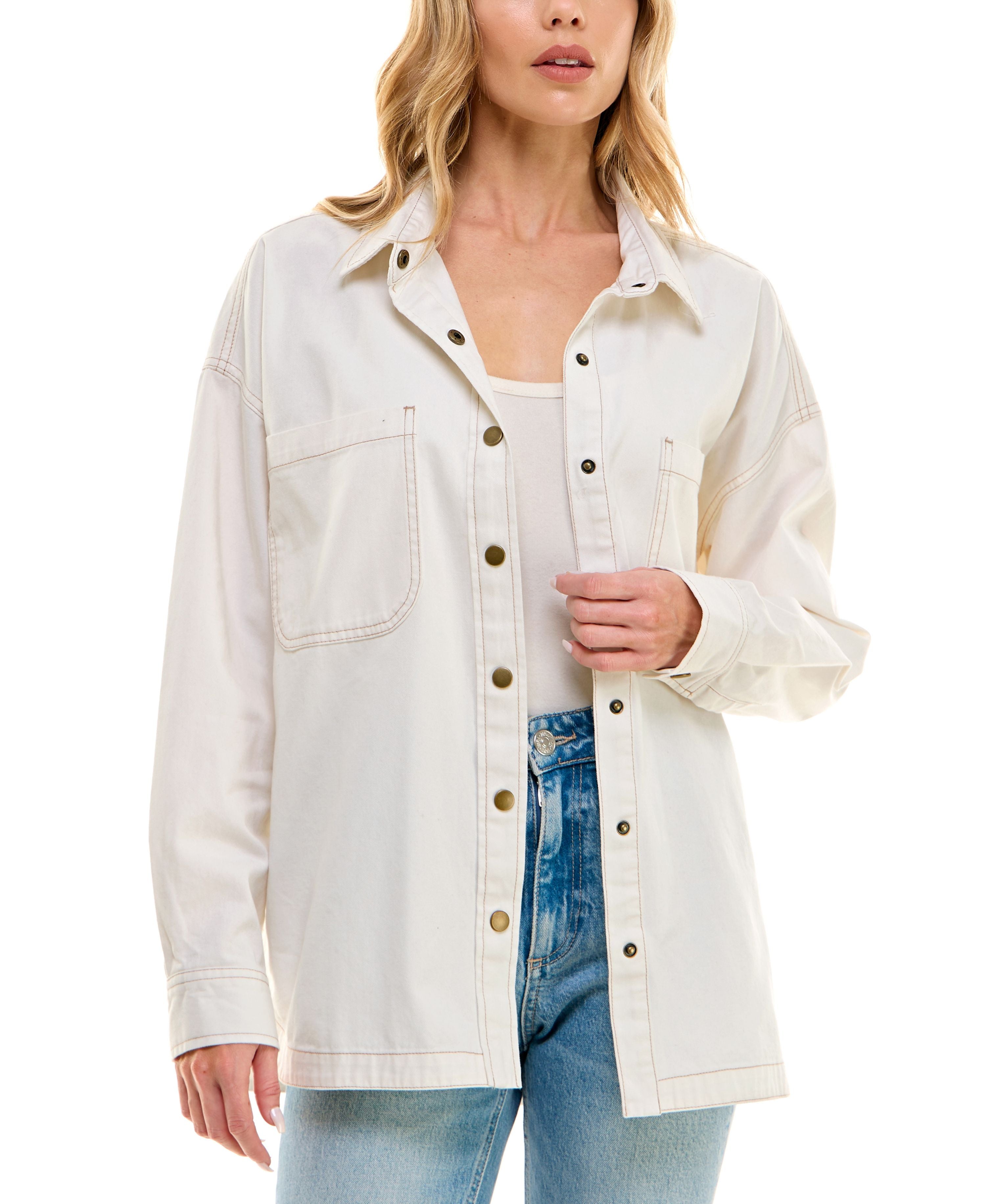 Juniors' Cotton Twill Snap-Front Shacket