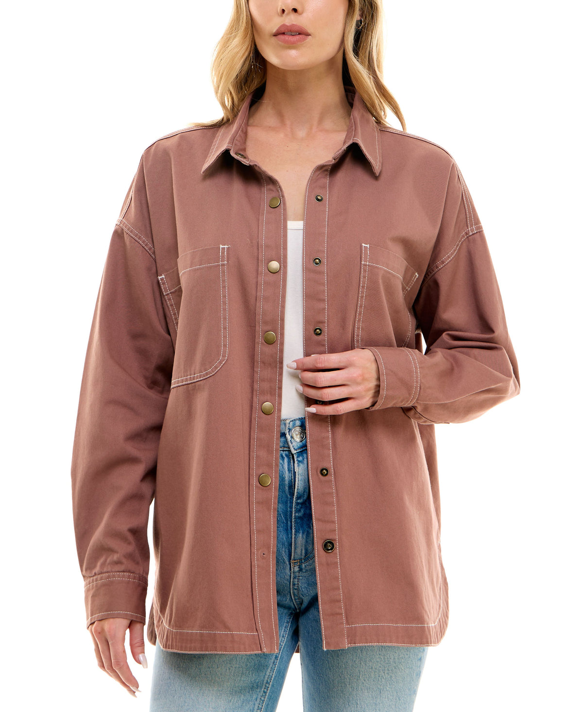 Juniors' Cotton Twill Snap-Front Shacket