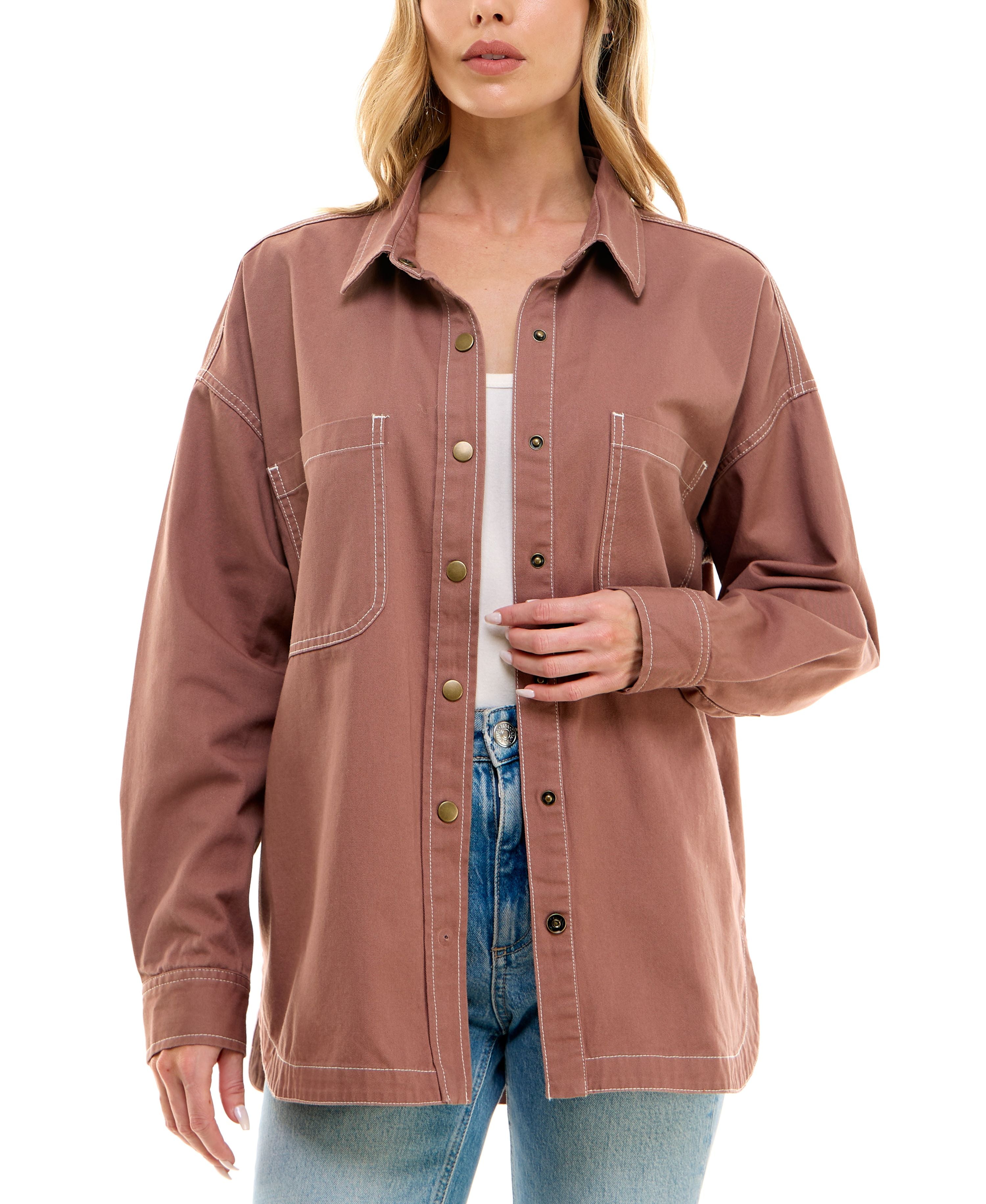 Juniors' Cotton Twill Snap-Front Shacket