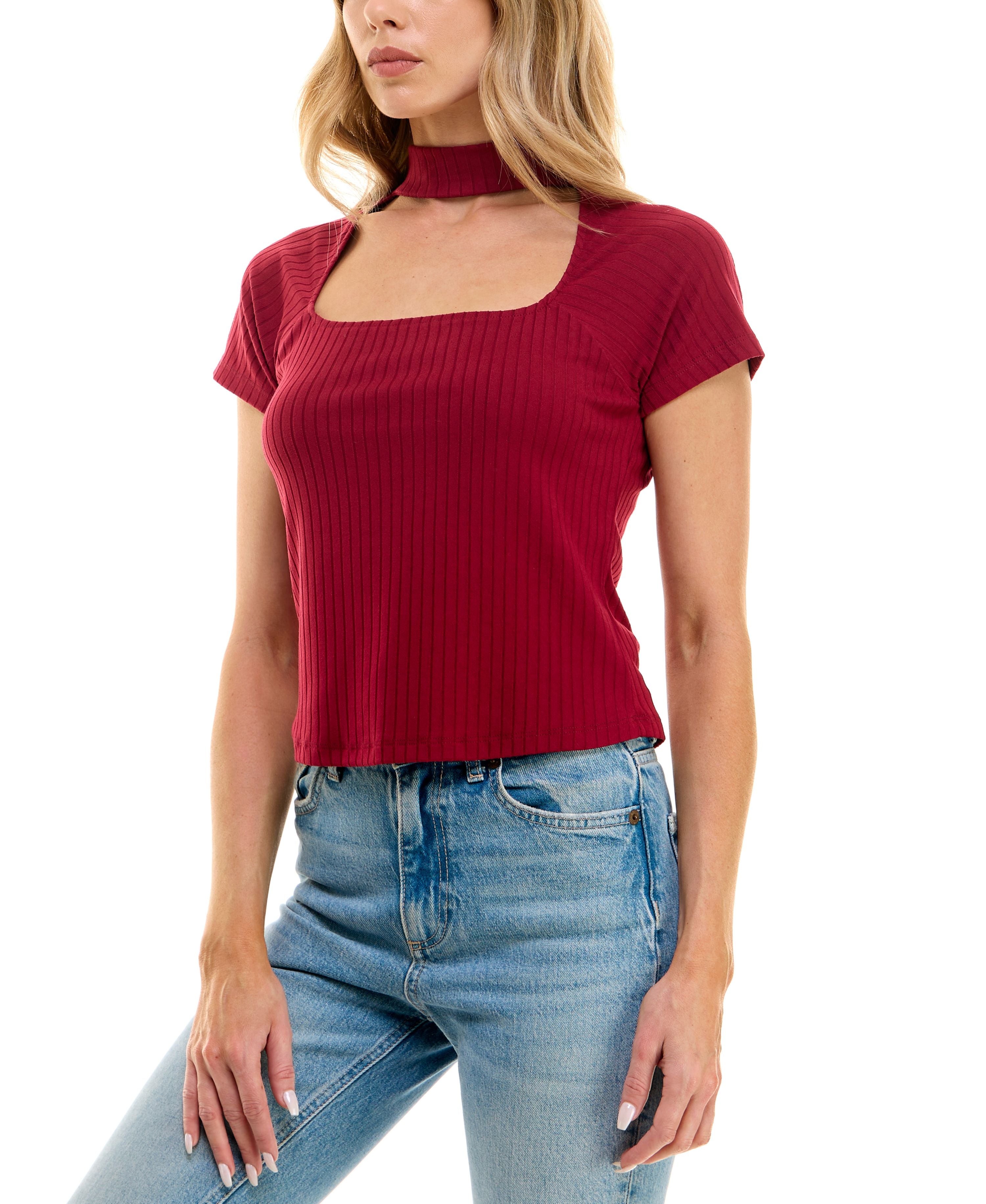 Juniors' Gigi Mock Neck Cutout Top