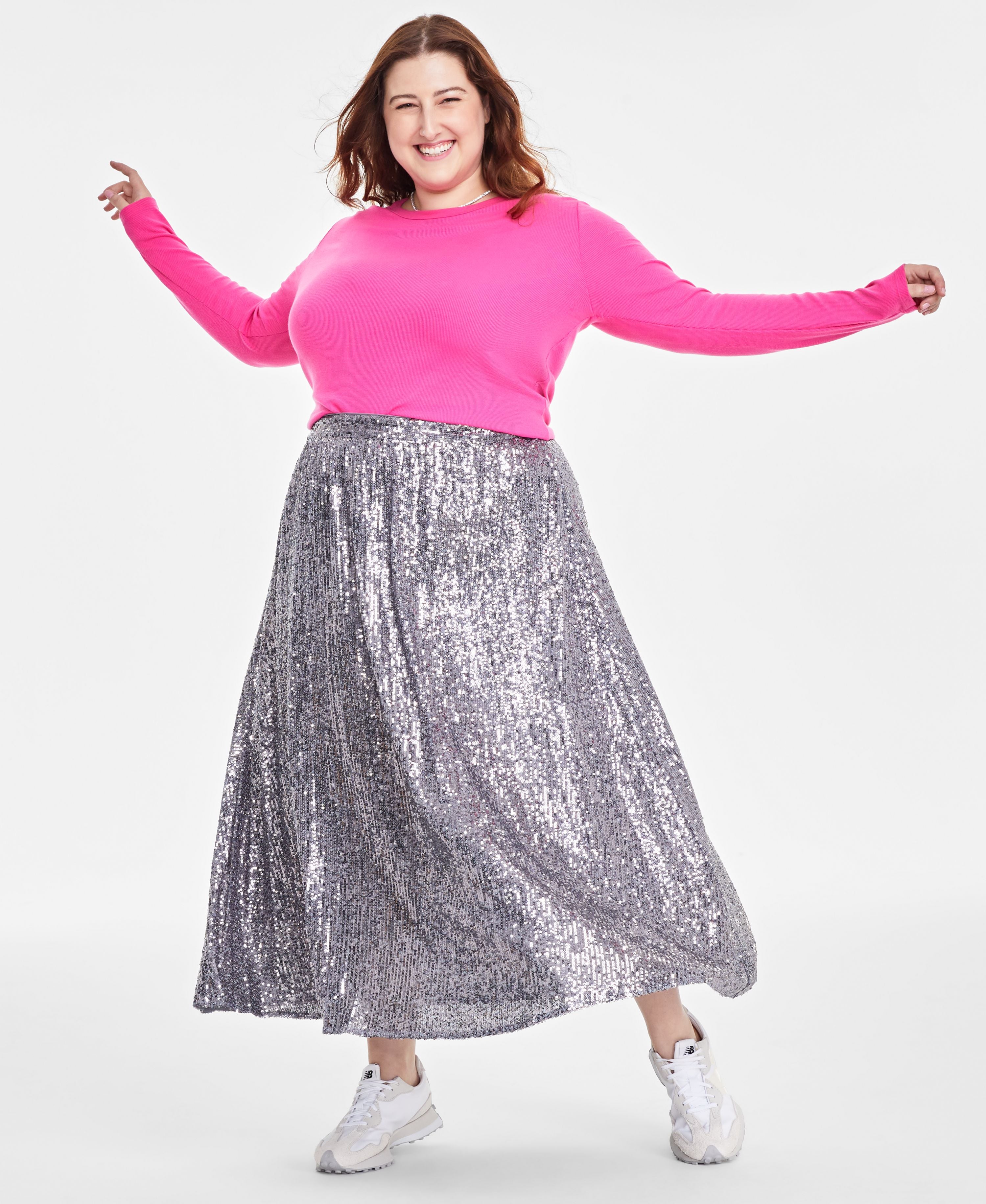 Plus Size Sequin Pleated Midi Skirt