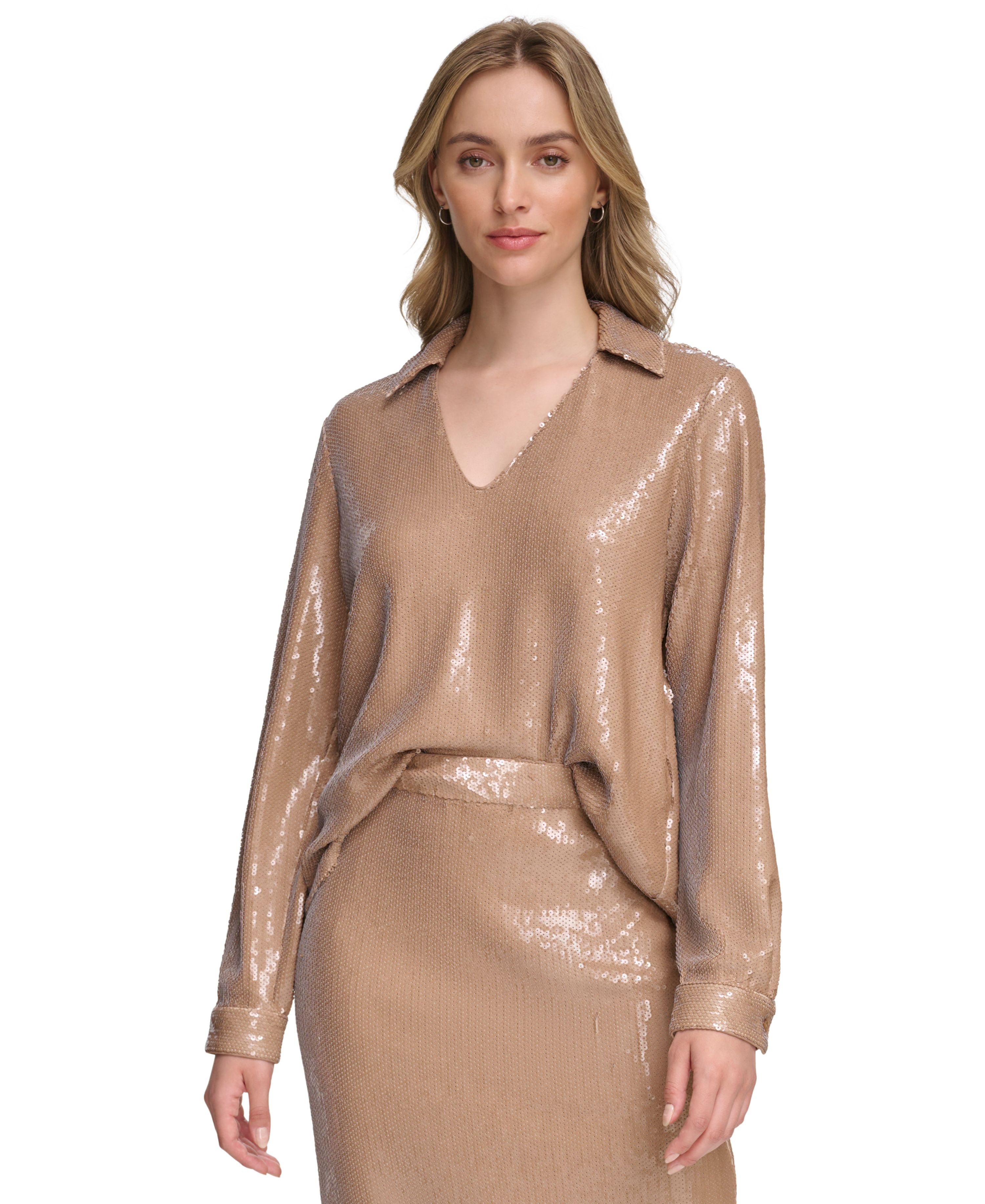 Women's Sequin Collared Blouse