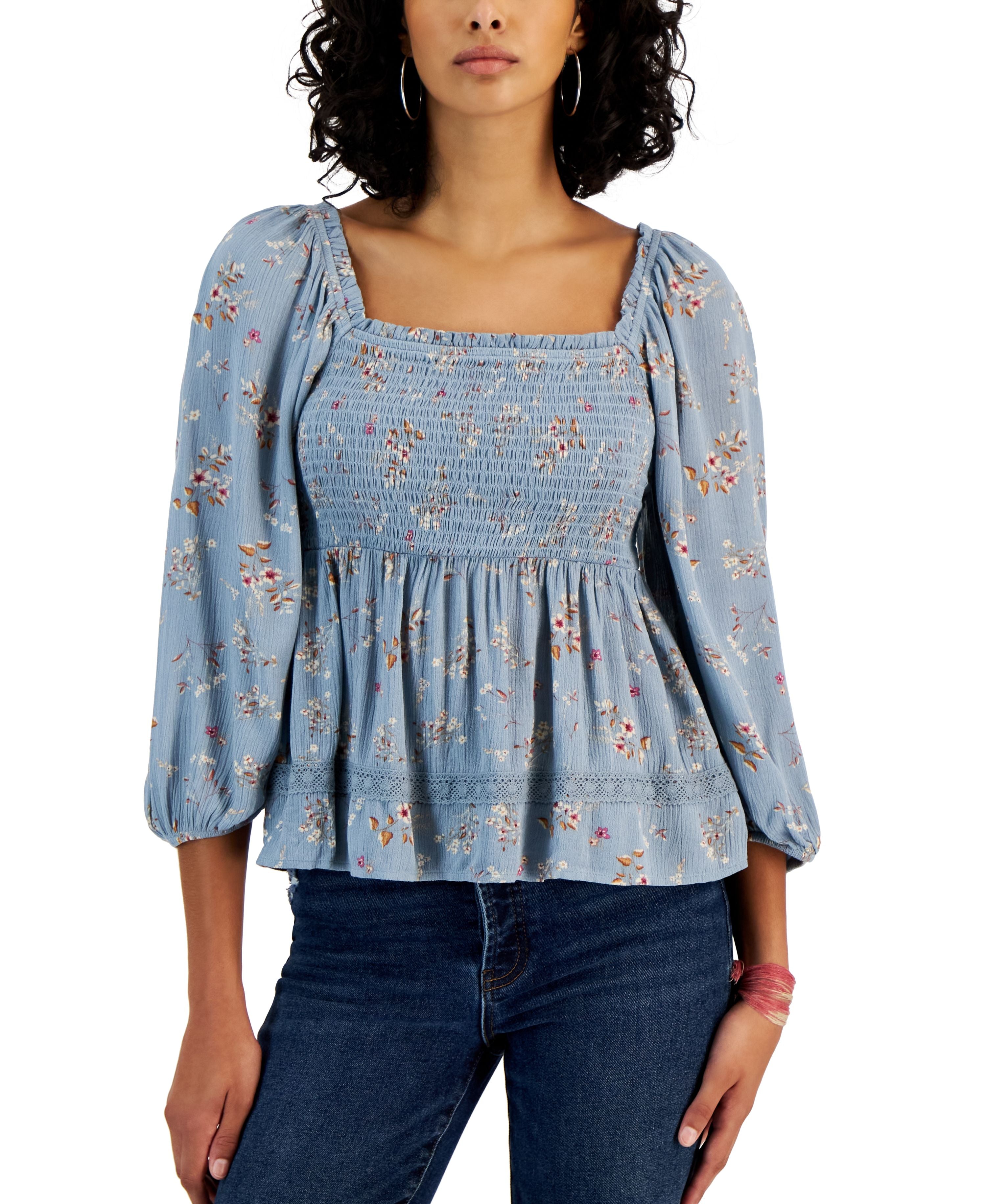 Juniors' Long Sleeve Square-Neck Smocked Top