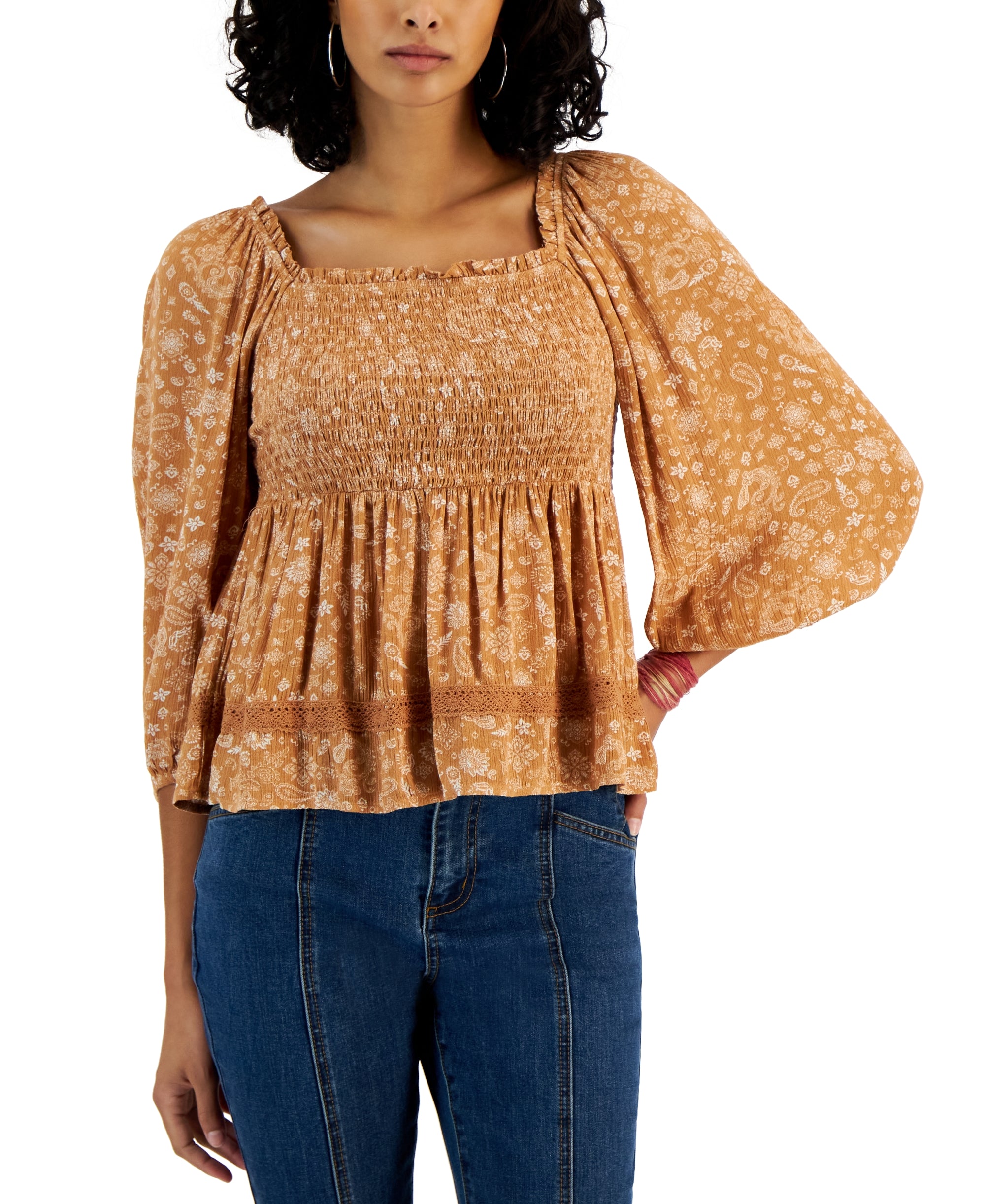 Juniors' Long Sleeve Square-Neck Smocked Top