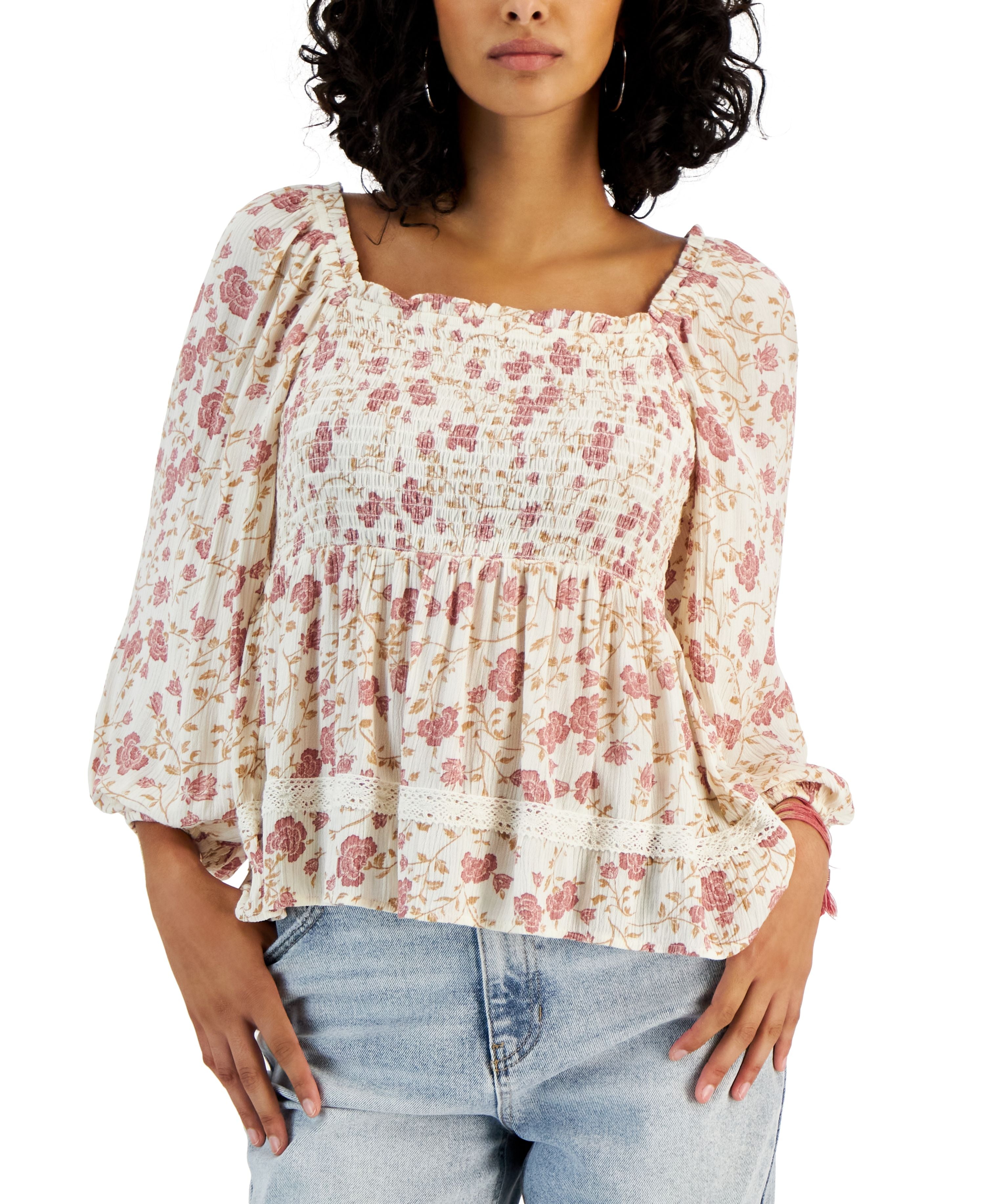 Juniors' Long Sleeve Square-Neck Smocked Top