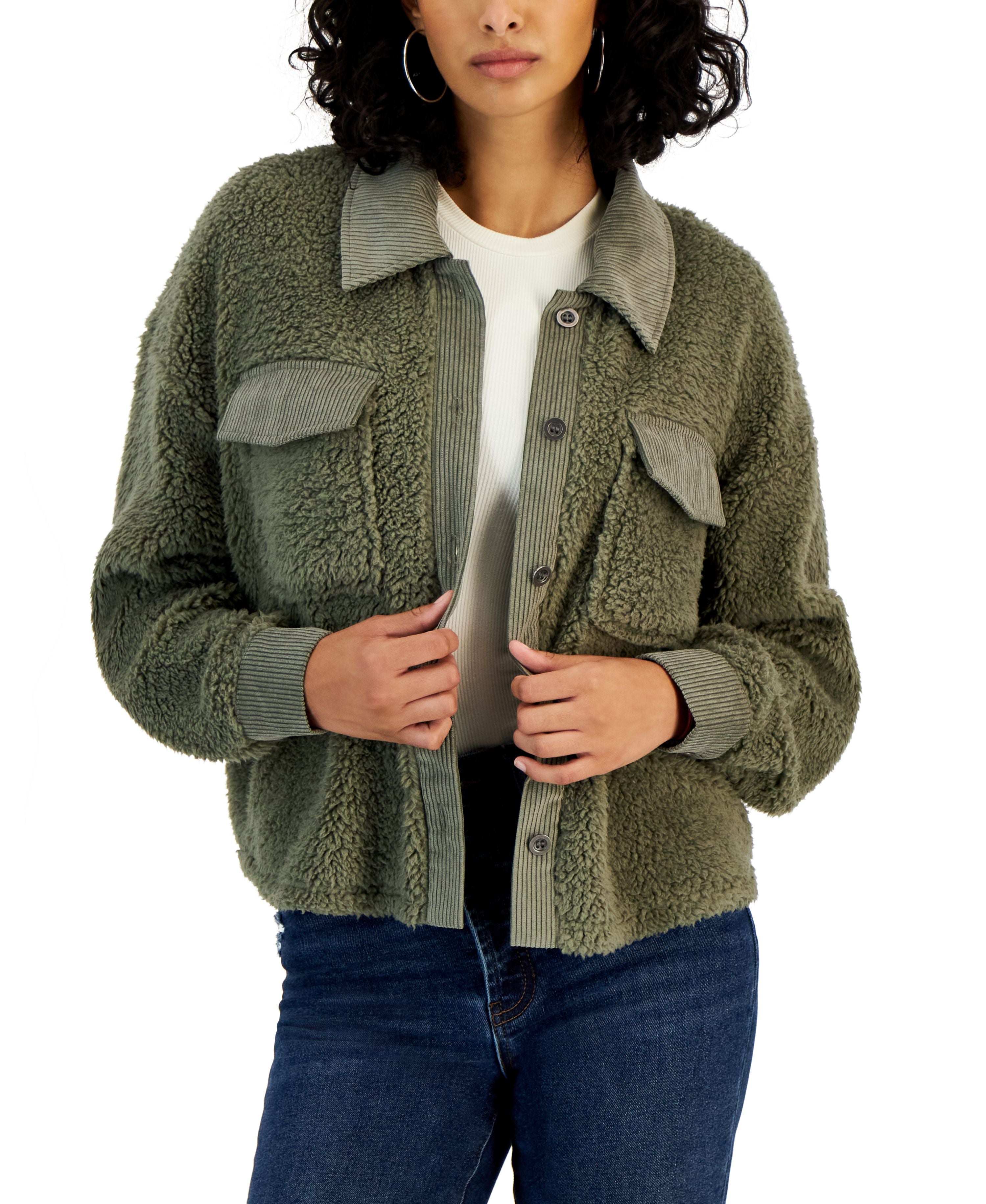 Juniors' Corduroy-Trimmed Sherpa Shacket