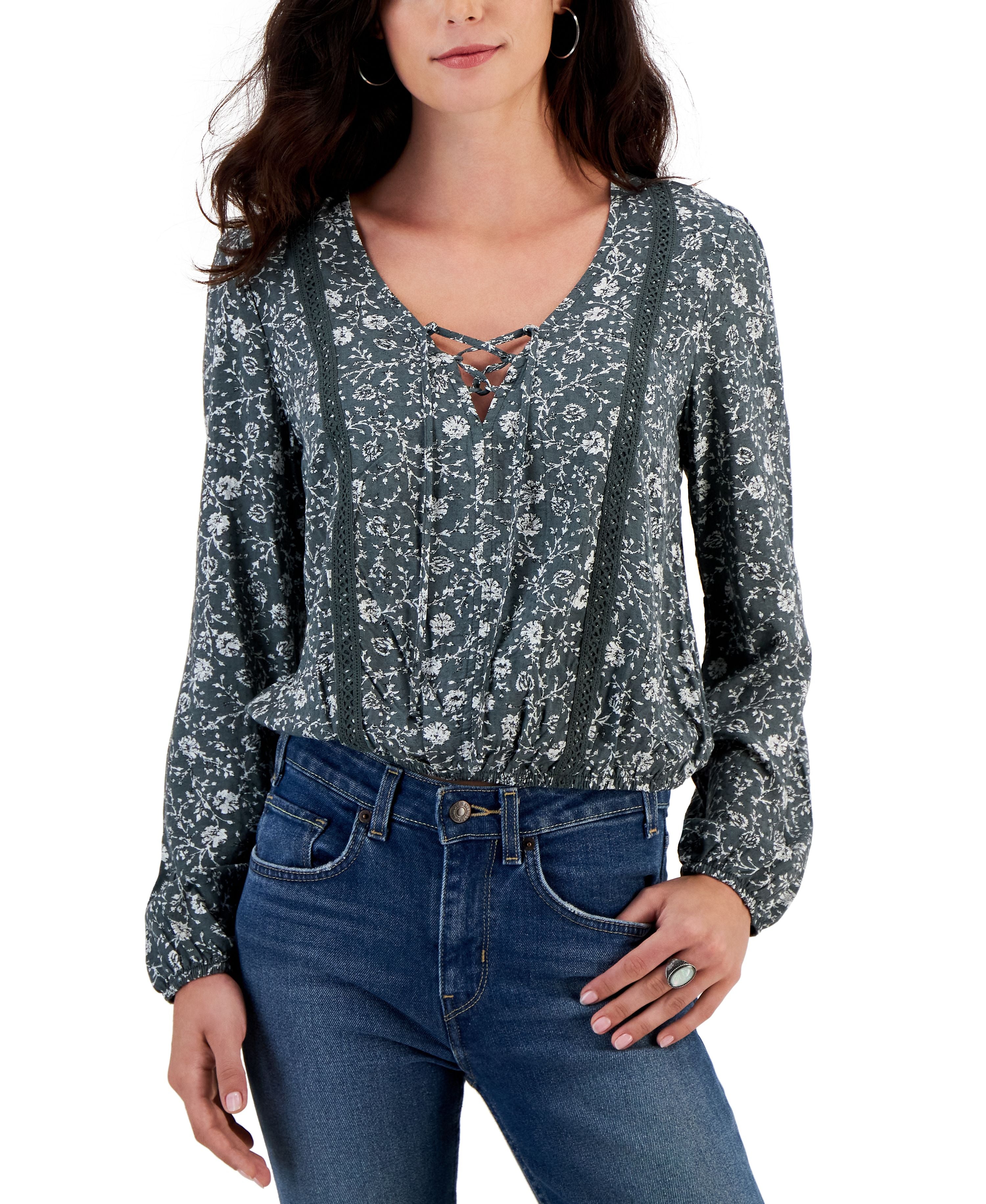 Juniors' Lace-Up V-Neck Crochet-Trimmed Top