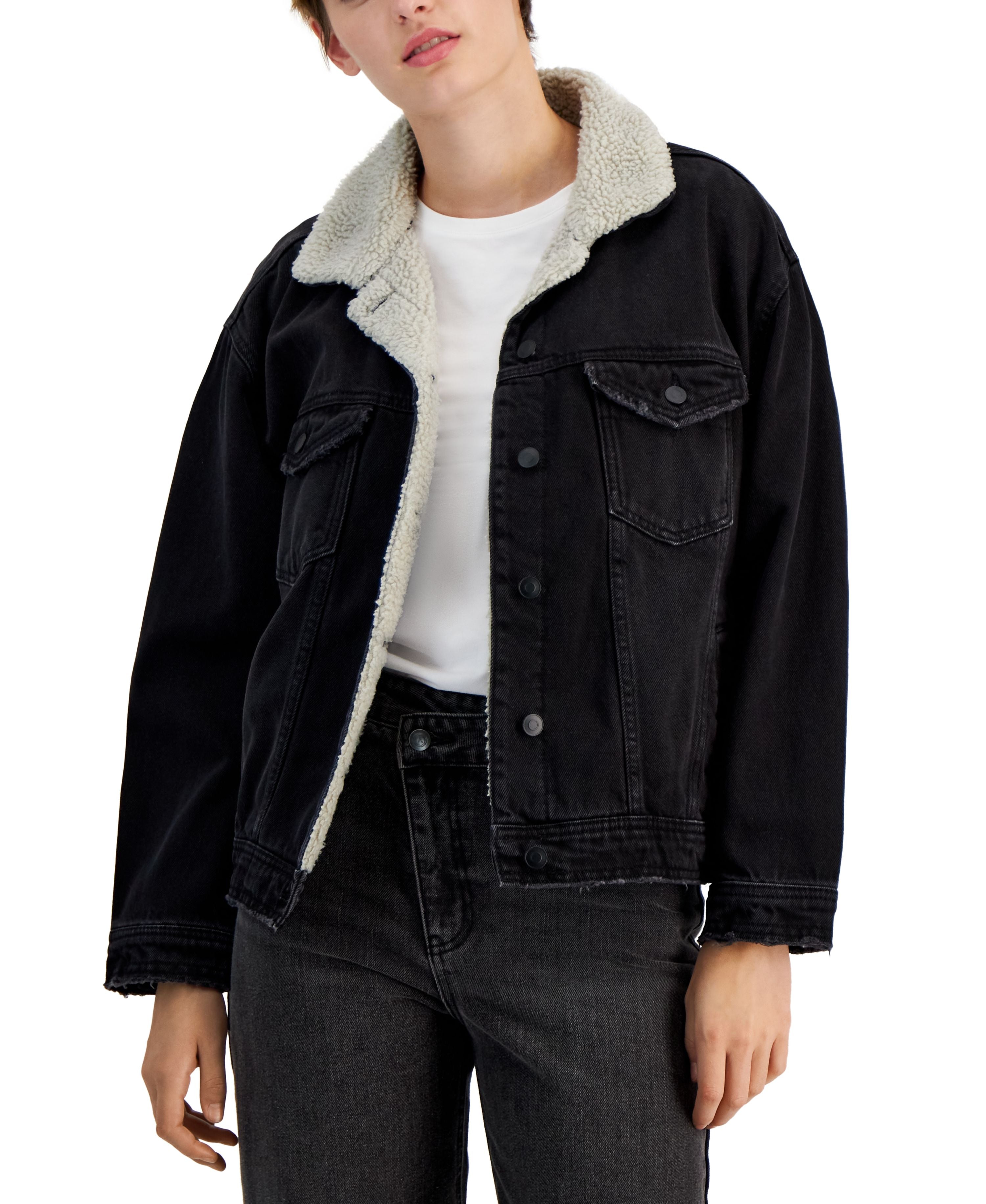 Juniors' Cotton Denim Fleece-Trim Jacket