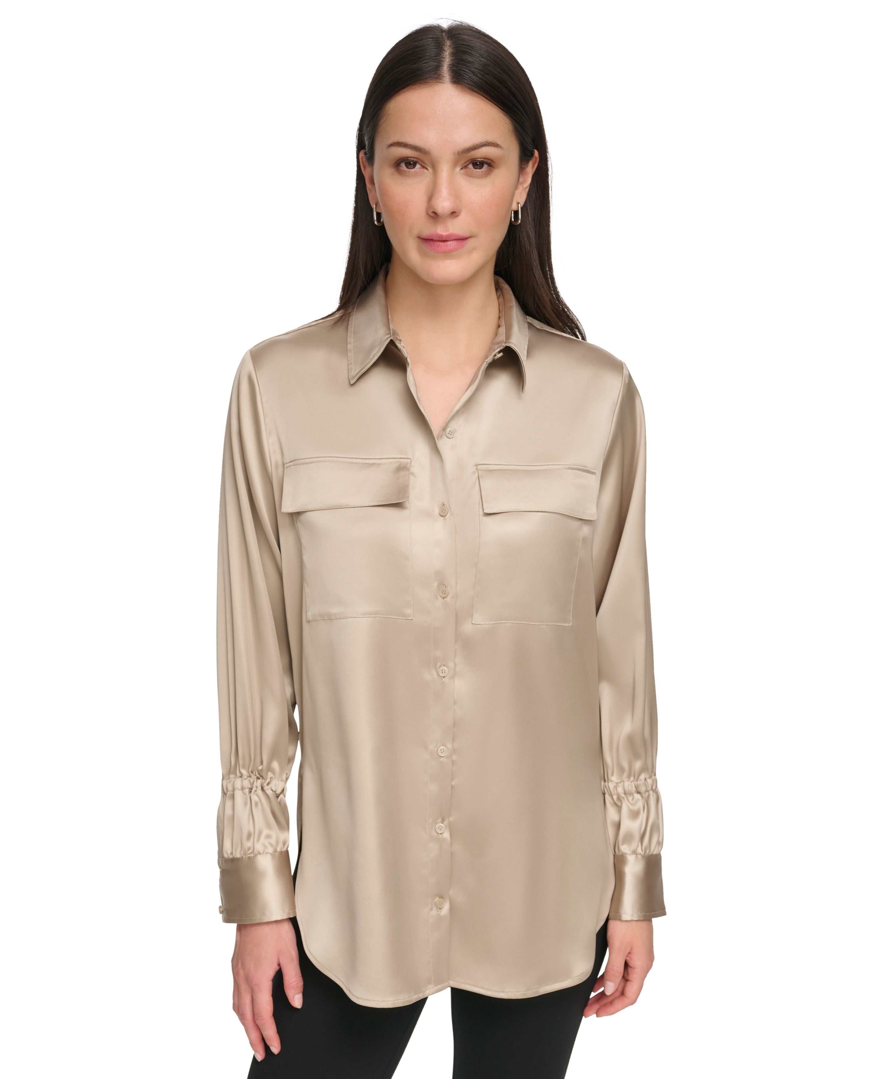 Women's Satin Flap-Pocket Tunic Shirt