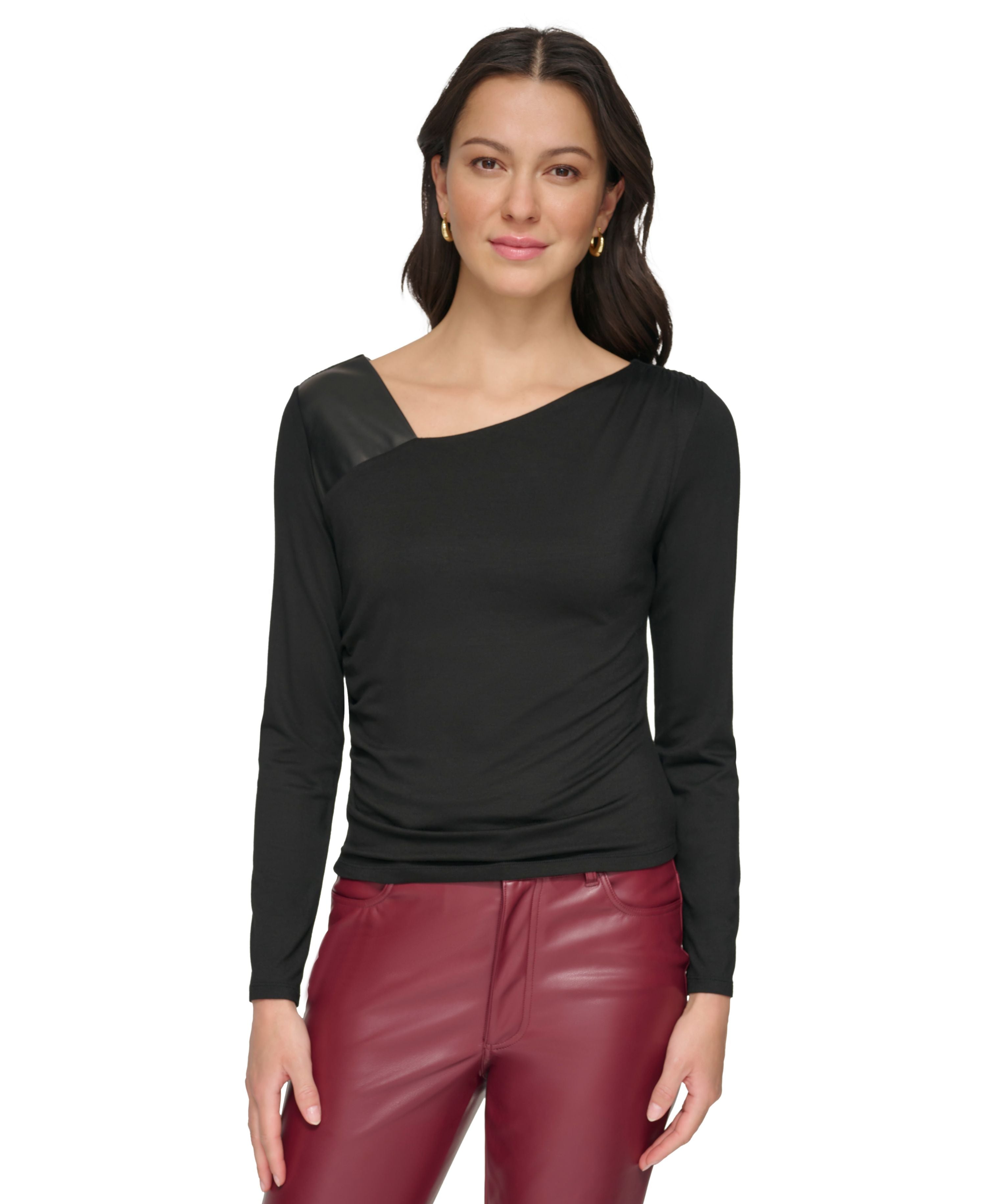 Women's Mixed-Media Asymmetrical-Neck Top