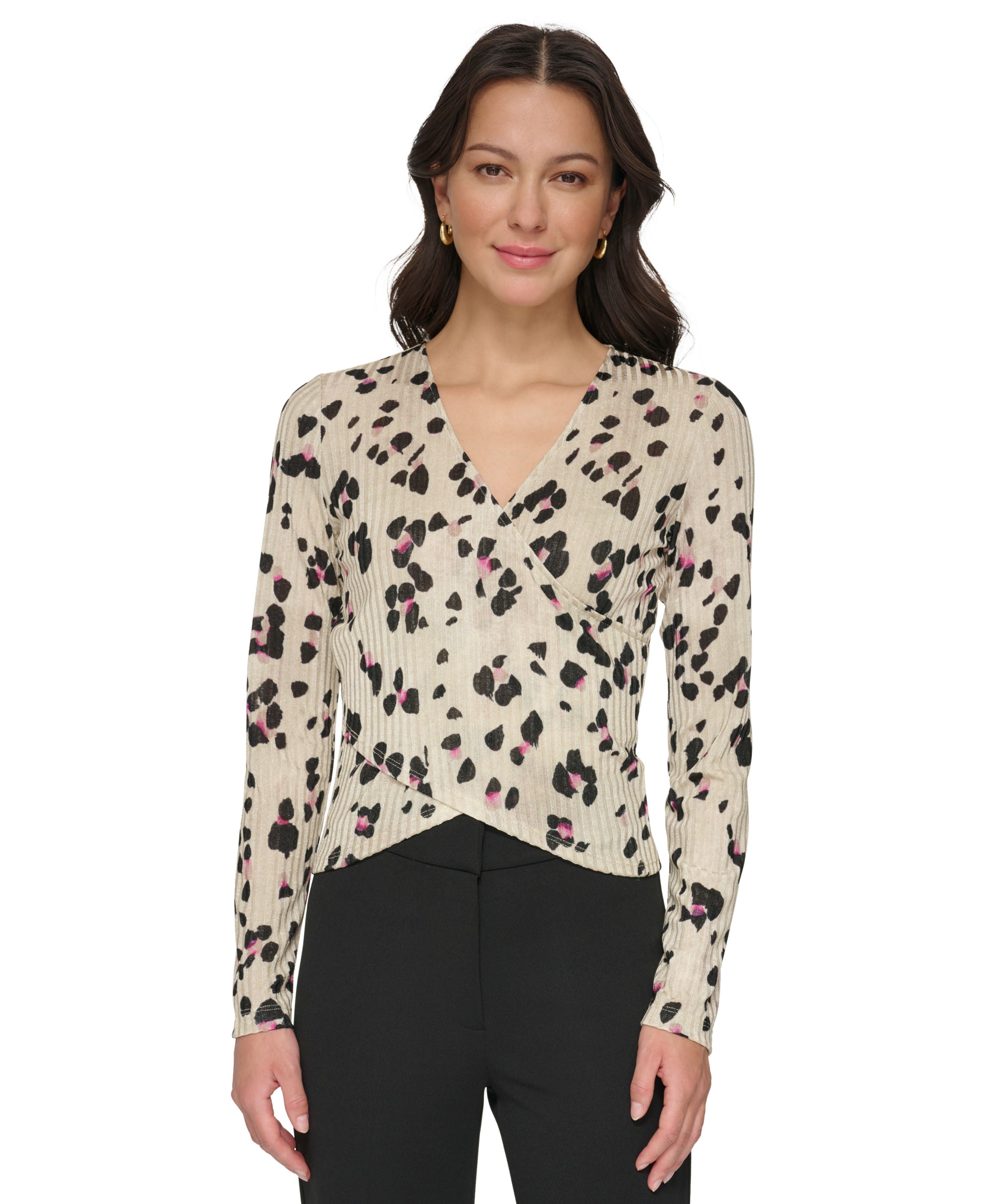 Women's Printed Ribbed Surplice-Neck Top