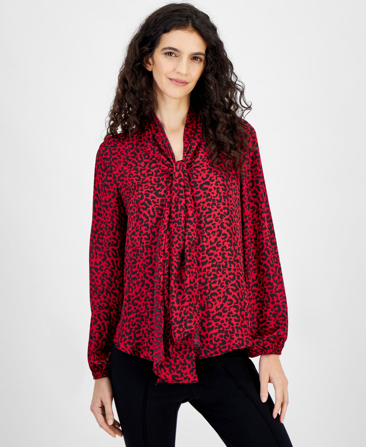 Women's Tie-Neck Animal-Print Blouse