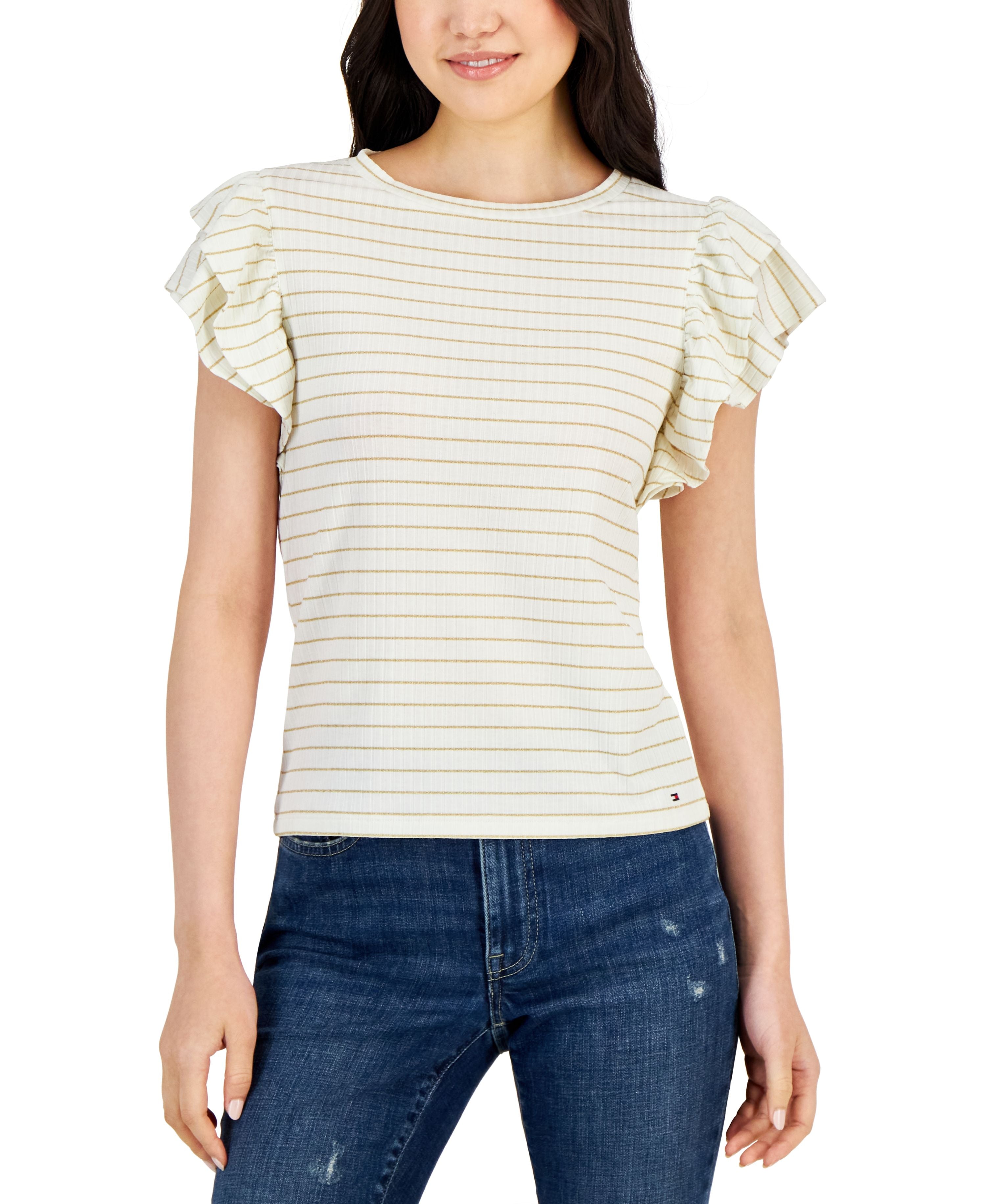 Women's Striped Metallic Flutter-Sleeve Top