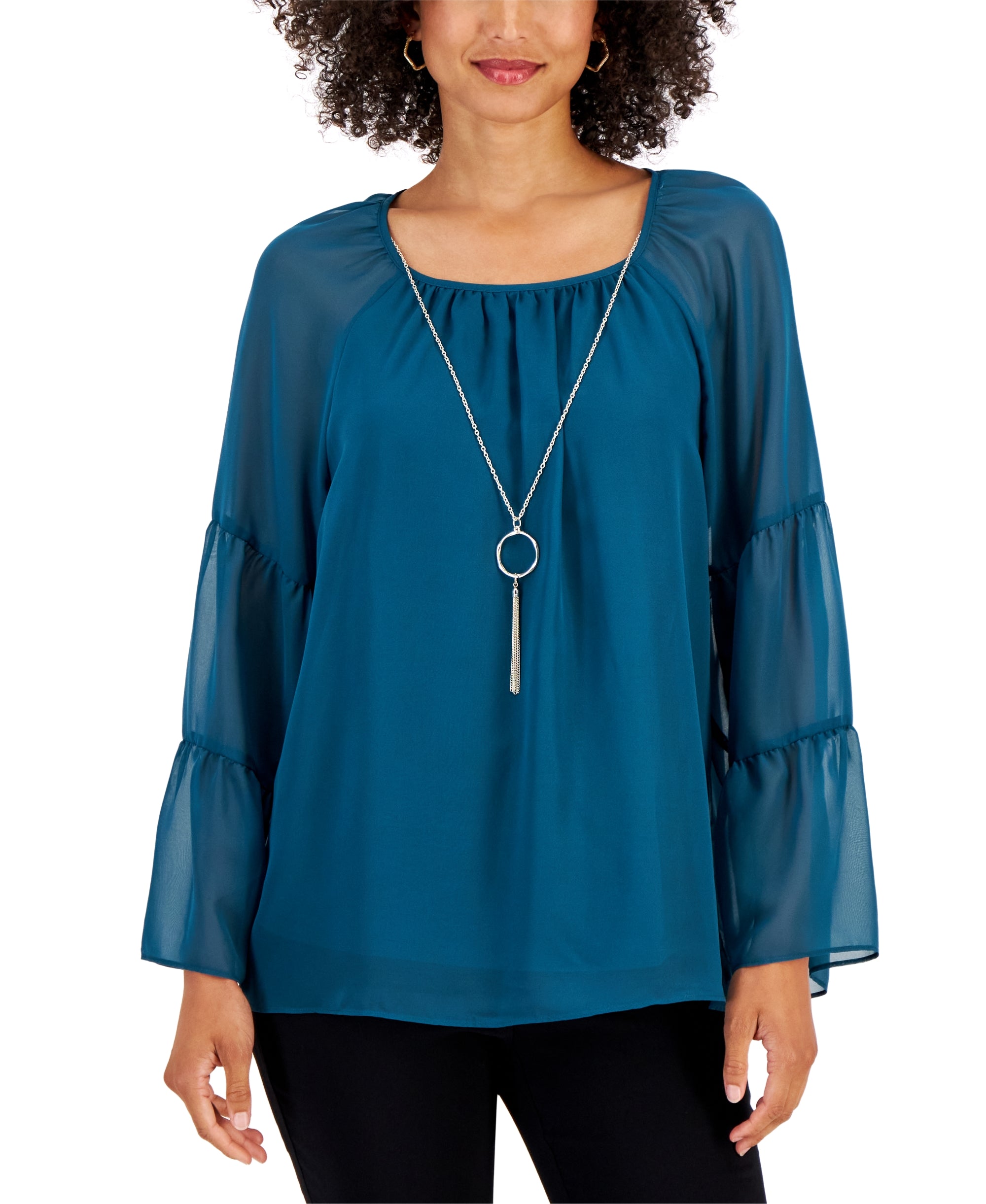 Petite Abstract-Print Tiered-Sleeve Top