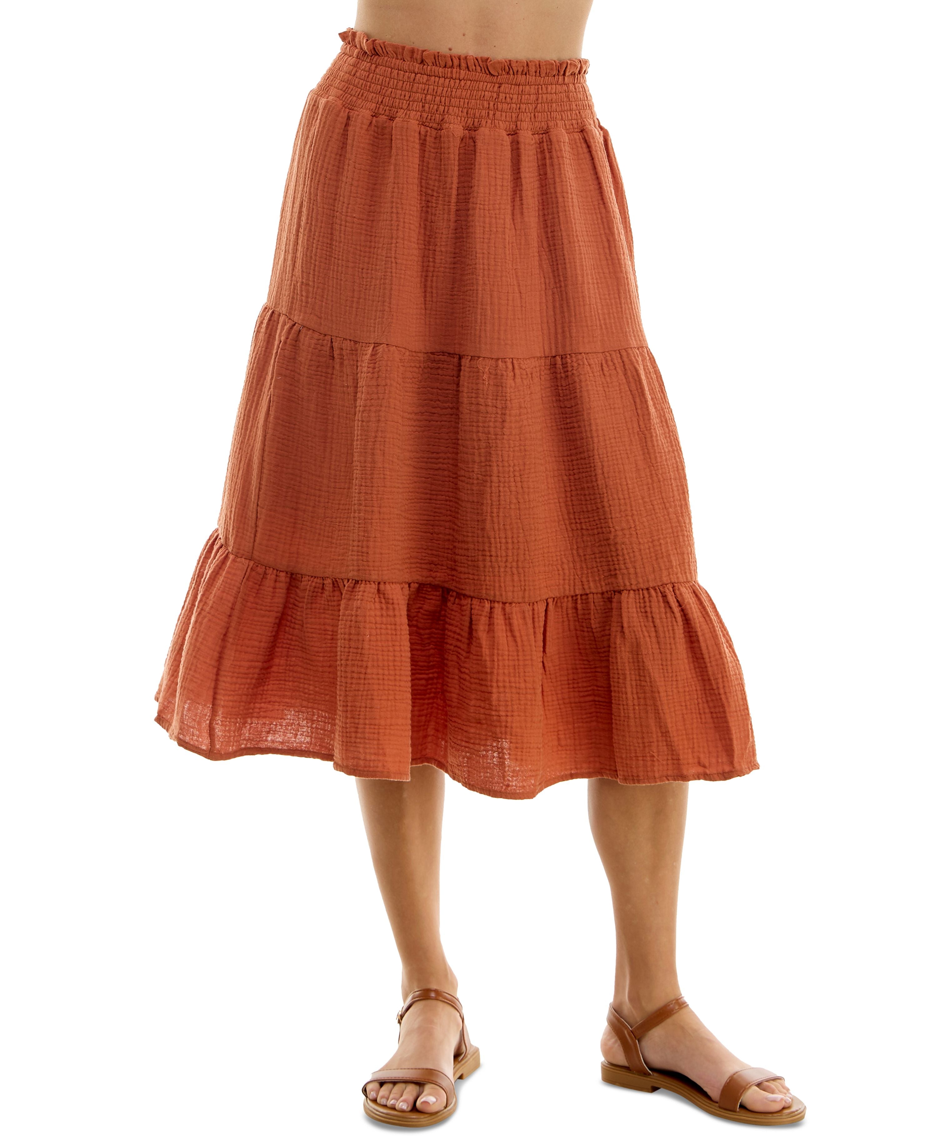 Juniors' Cotton Gauze Tiered Midi Skirt