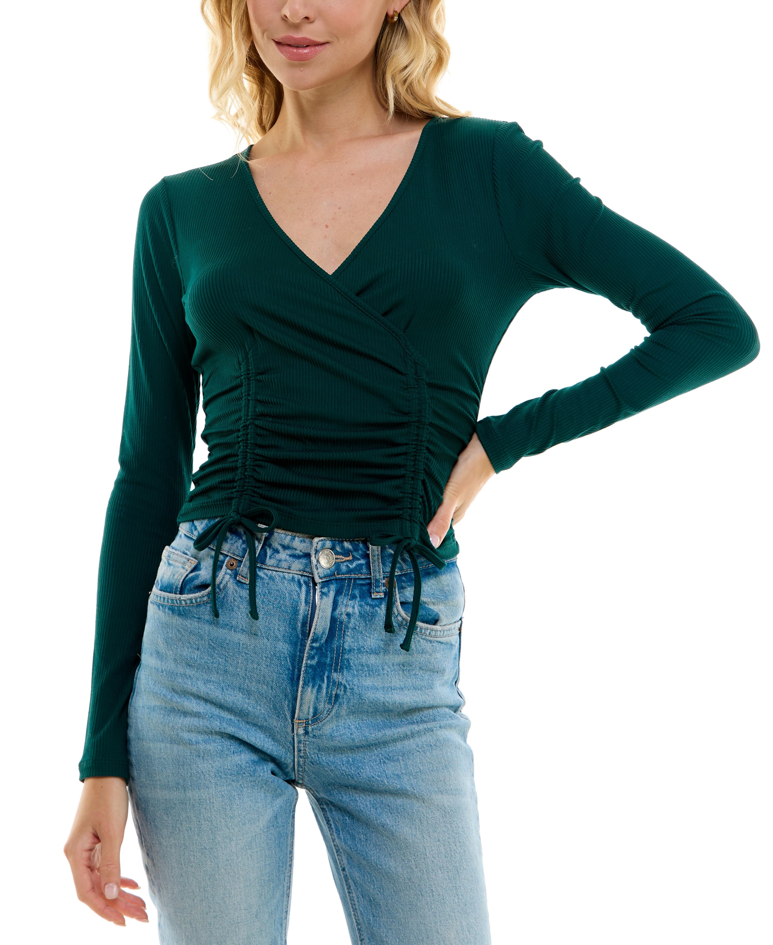 Juniors' Ruched Ribbed Drawstring Top