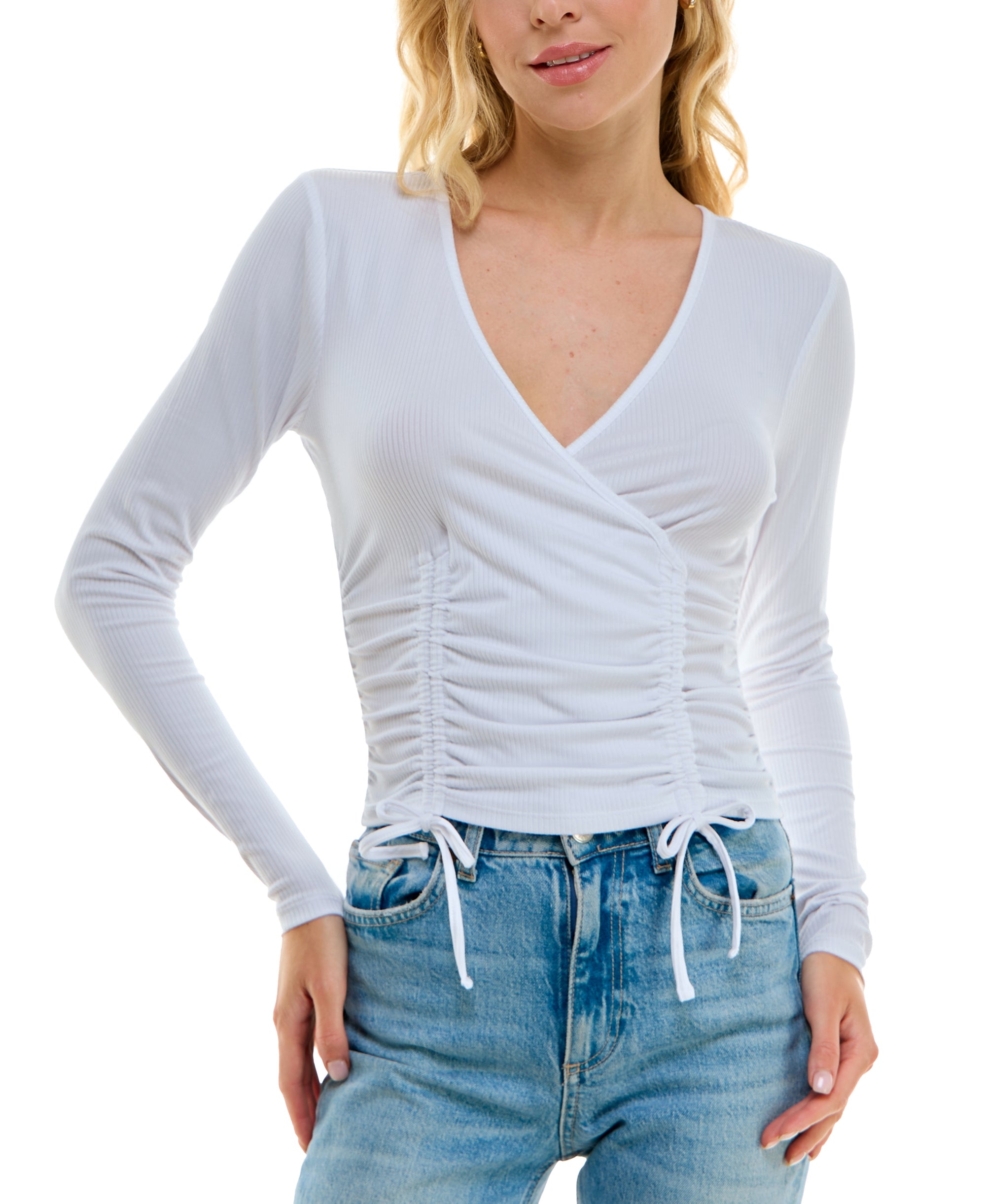 Juniors' Ruched Ribbed Drawstring Top