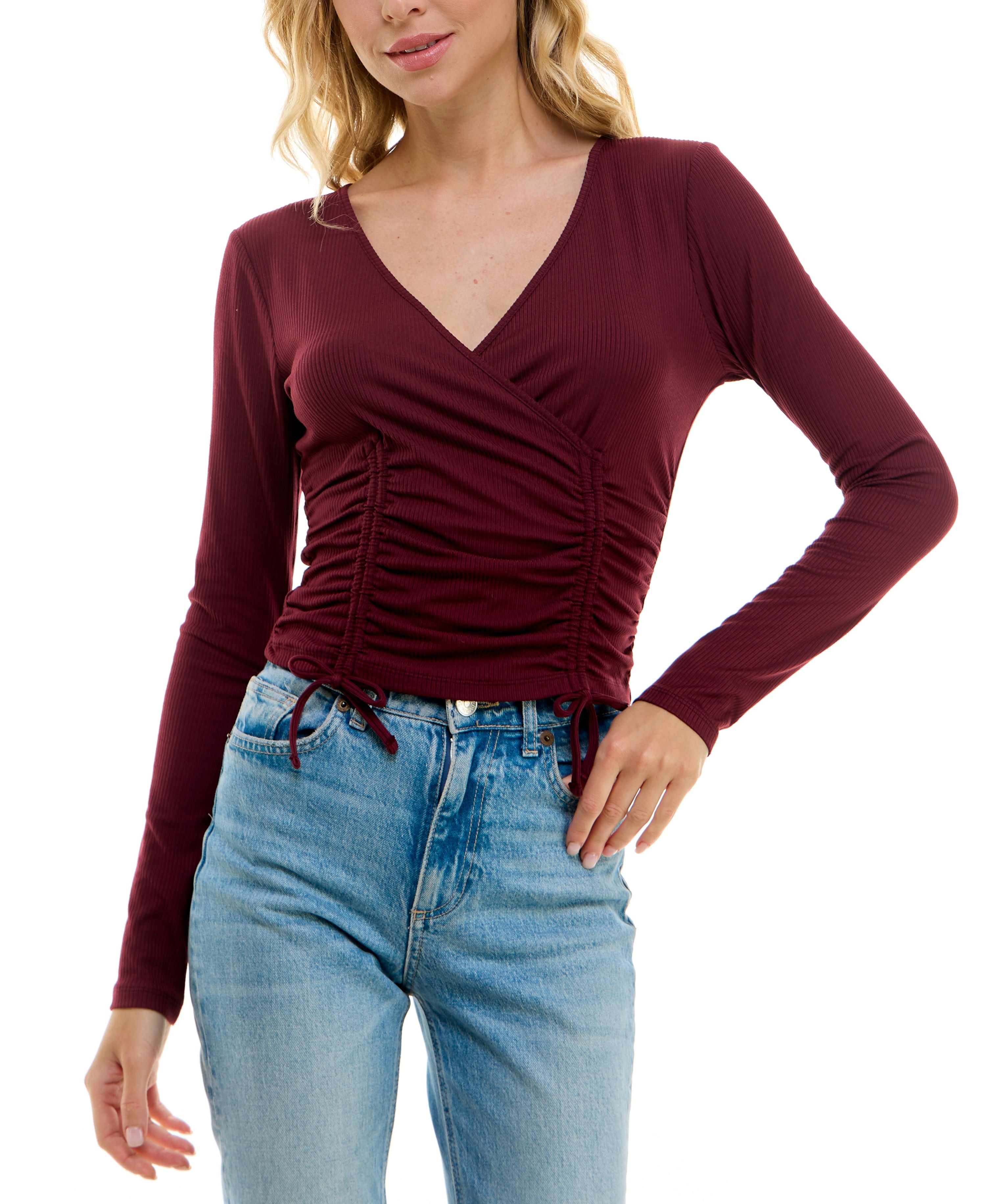 Juniors' Ruched Ribbed Drawstring Top