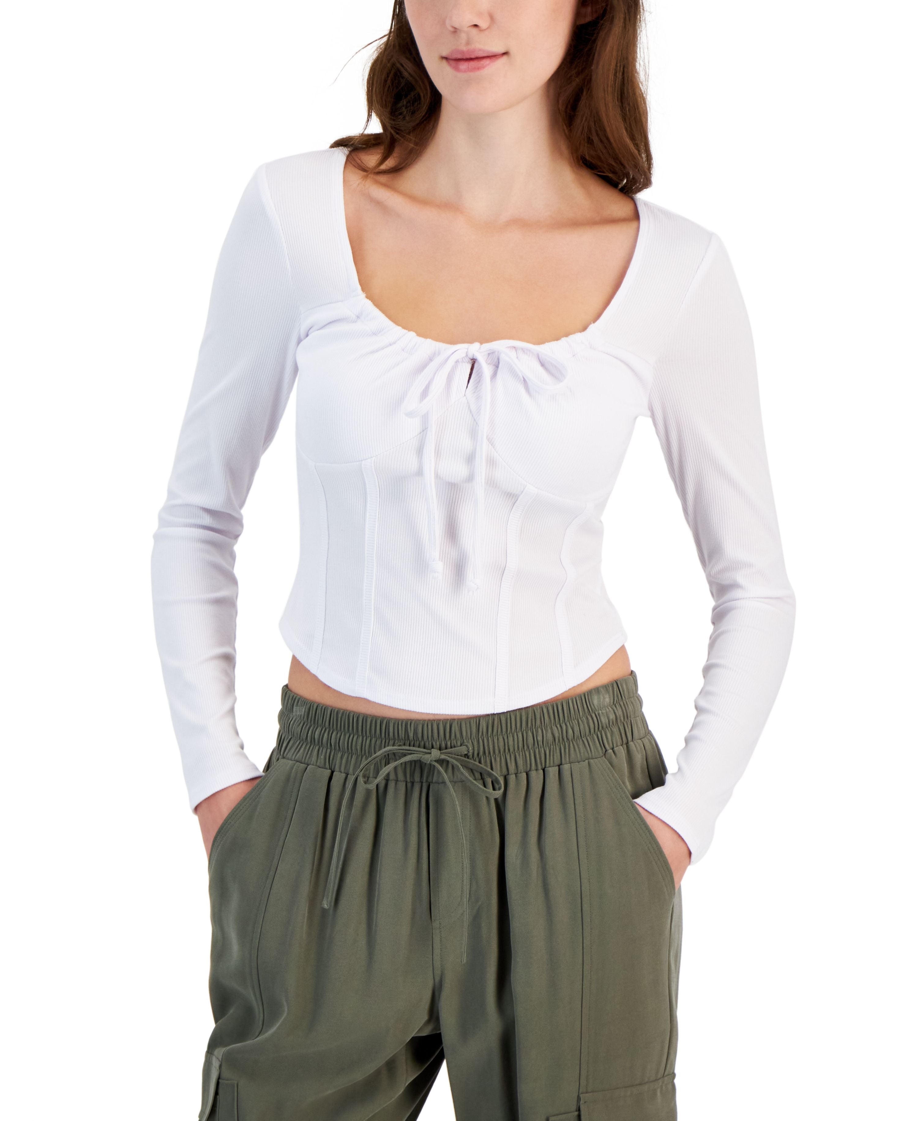 Juniors' Tie-Neck Long-Sleeve Corset Top