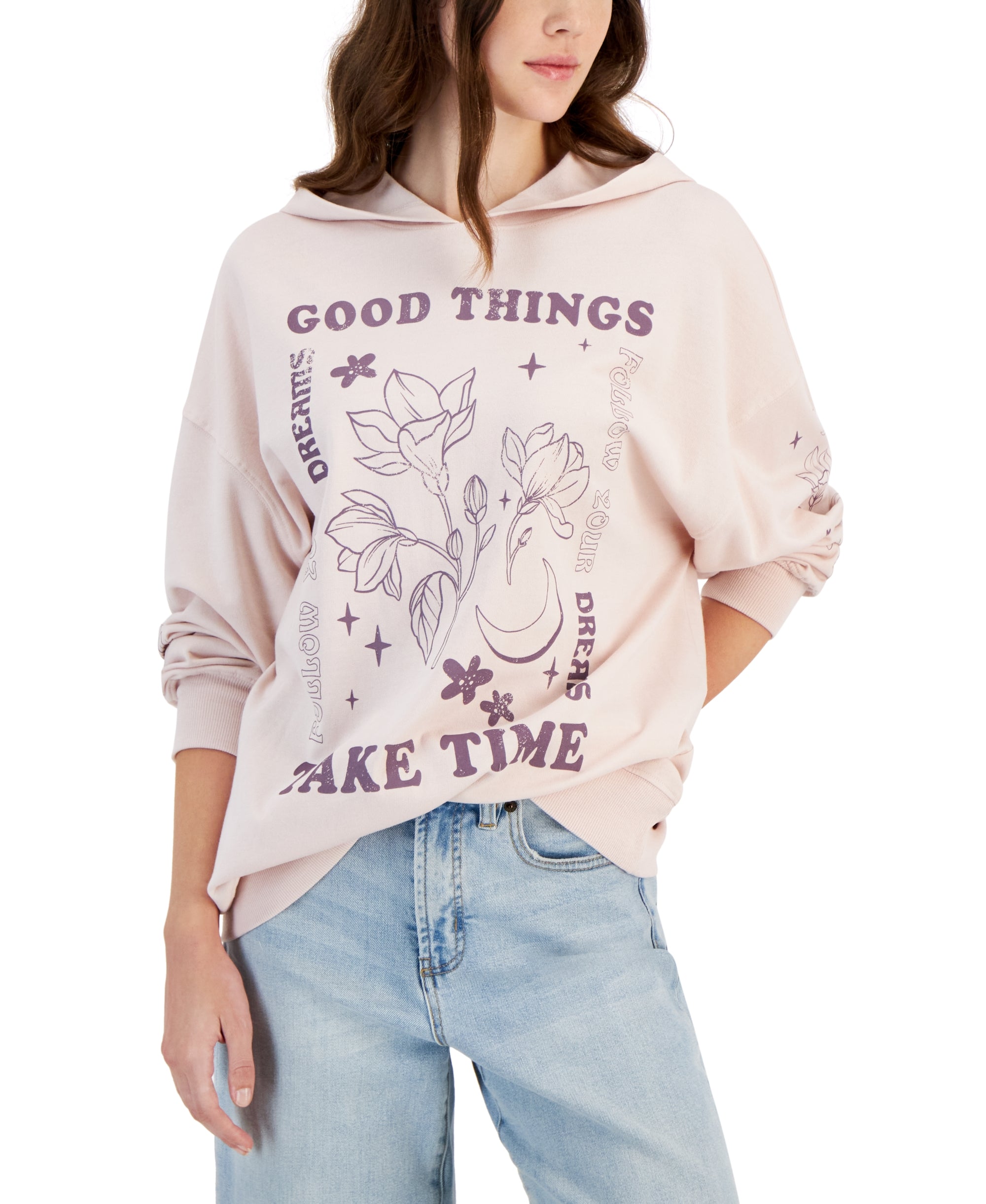 Juniors' Good Things Take Time Graphic-Print Hoodie