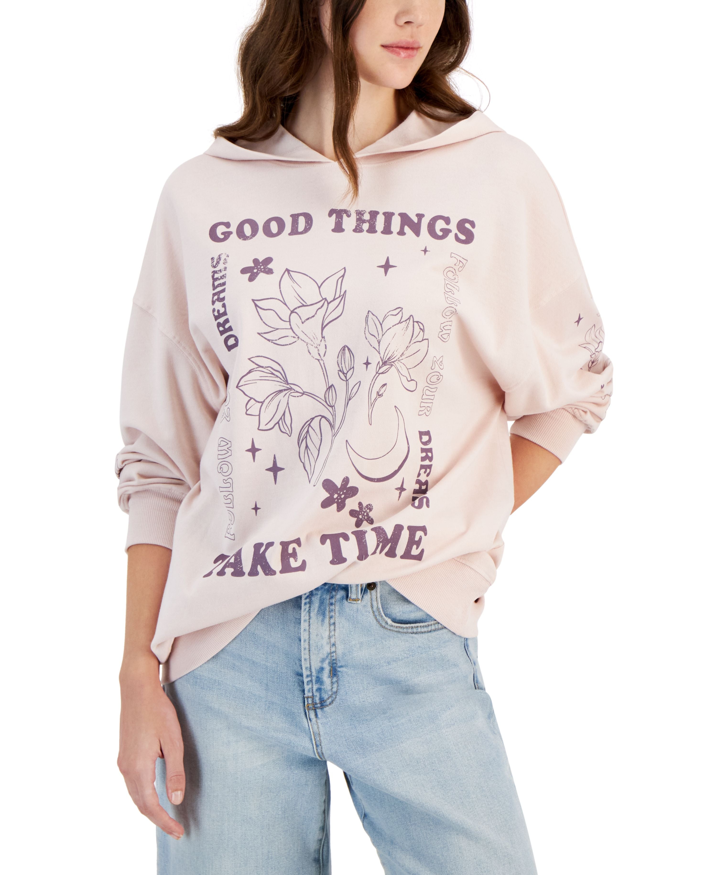 Juniors' Good Things Take Time Graphic-Print Hoodie