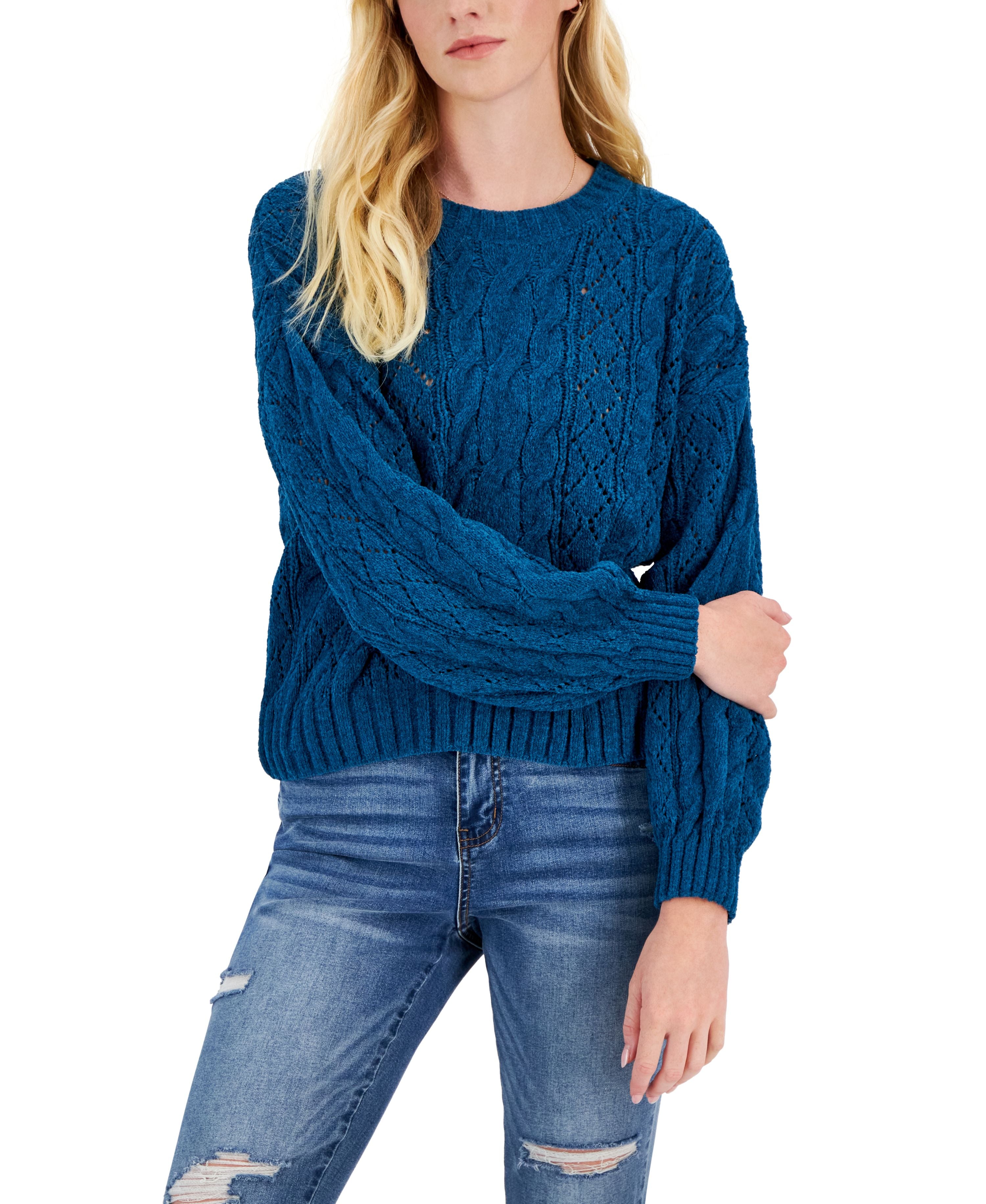 Juniors' Crewneck Cozy Chenille Cable-Knit Sweater