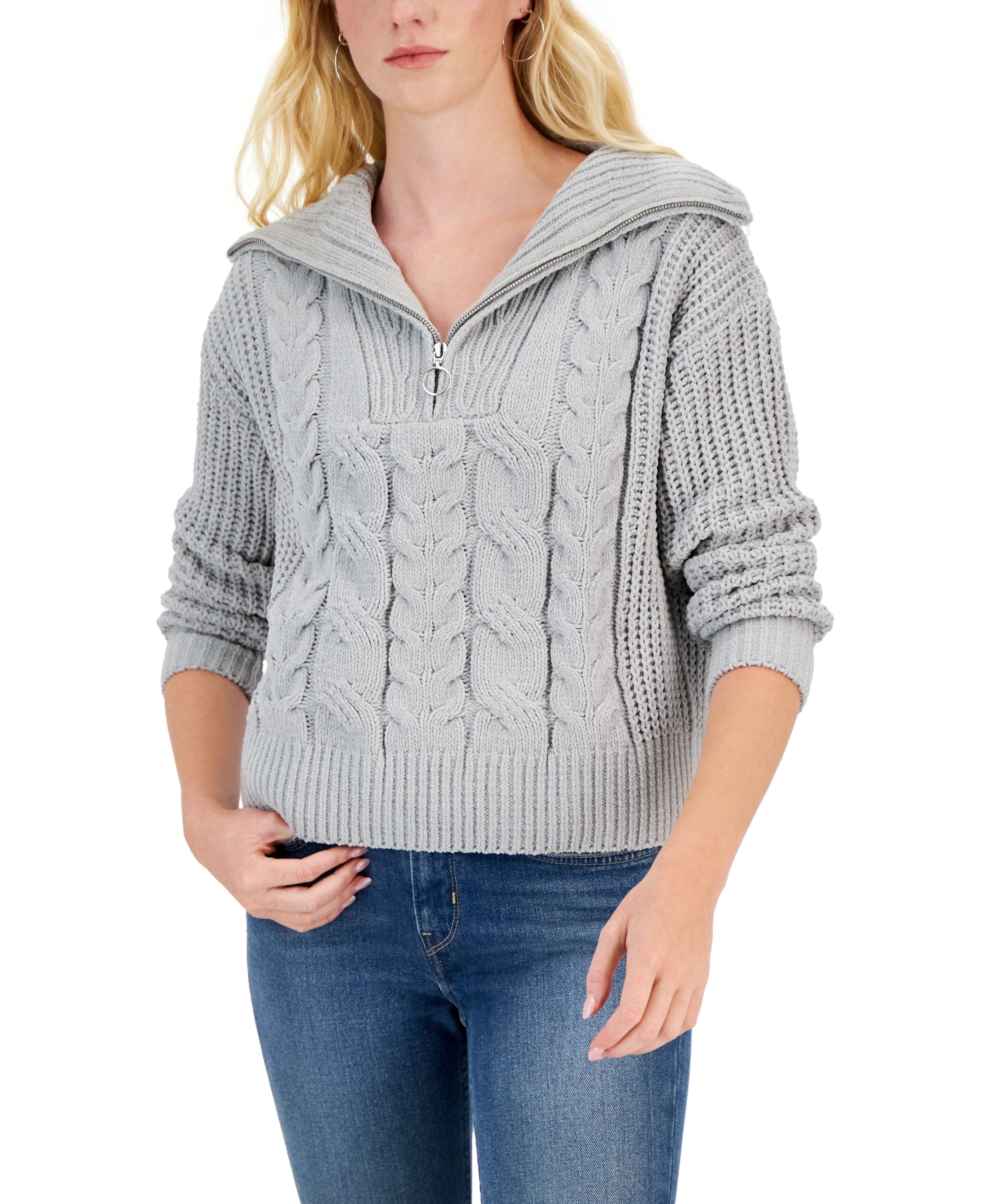 Juniors' Chenille Collared Quarter-Zip Cable-Knit Sweater