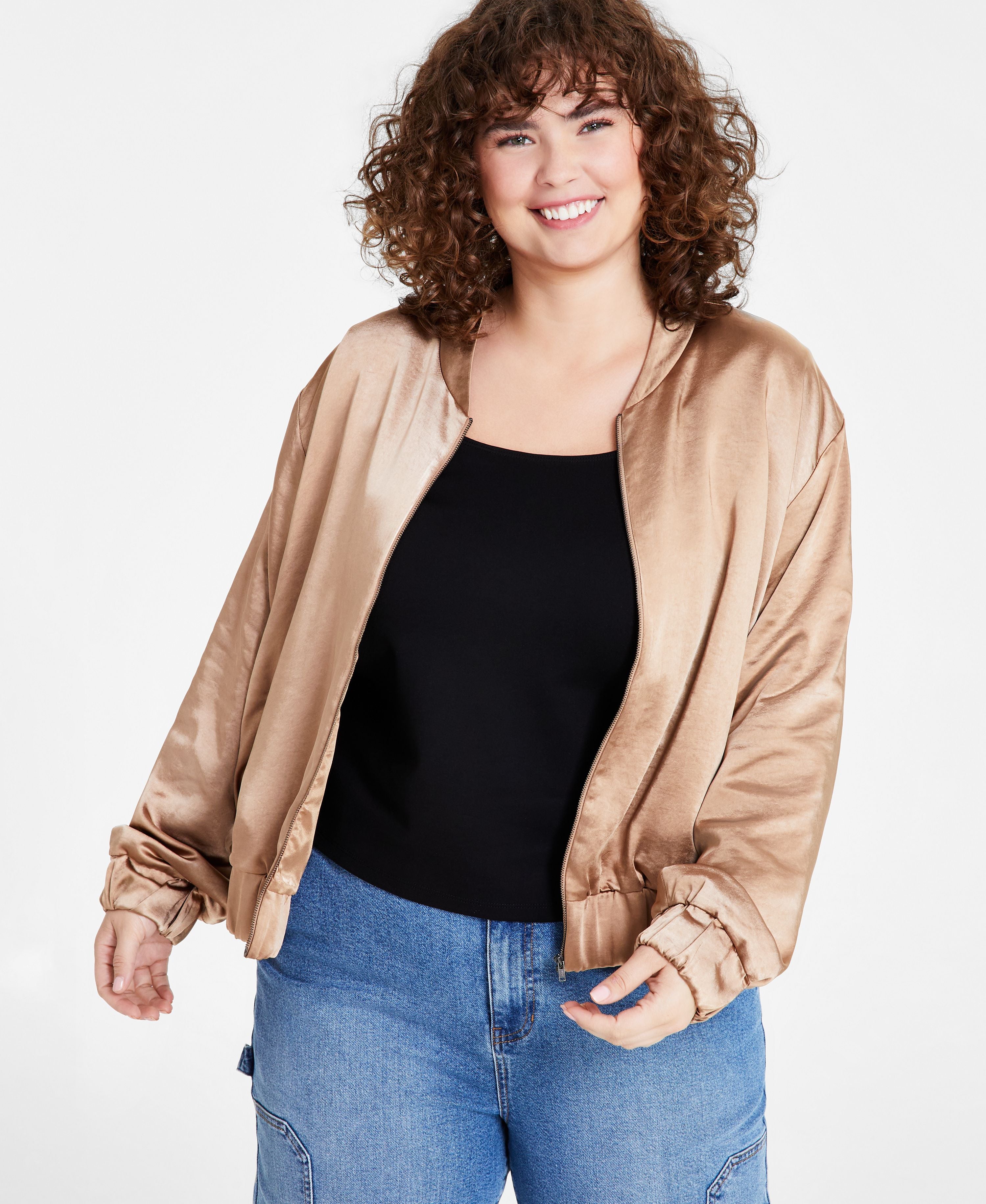 Trendy Plus Size Zip-Front Bomber Jacket
