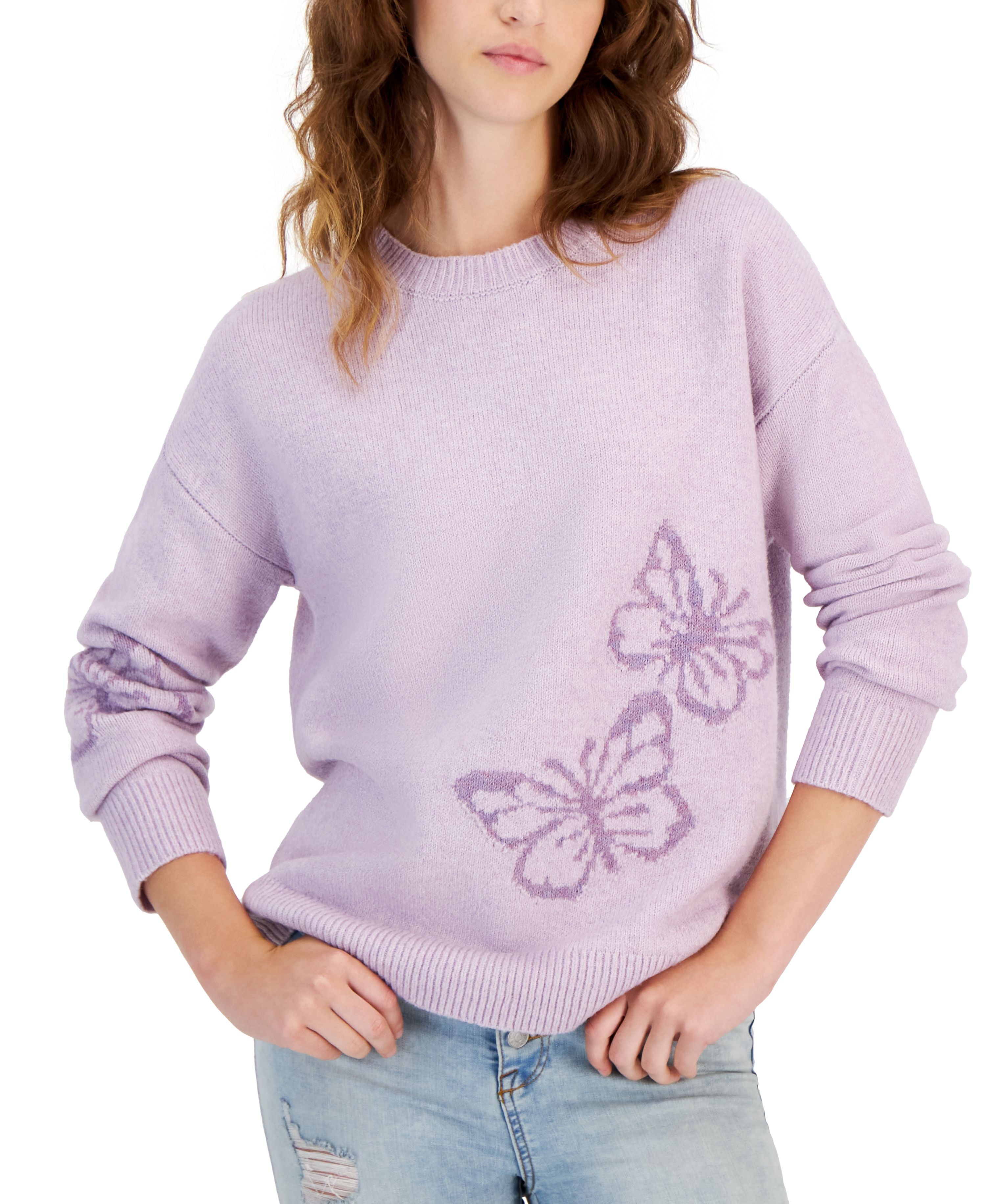 Juniors' Butterfly Printed Crewneck Sweater