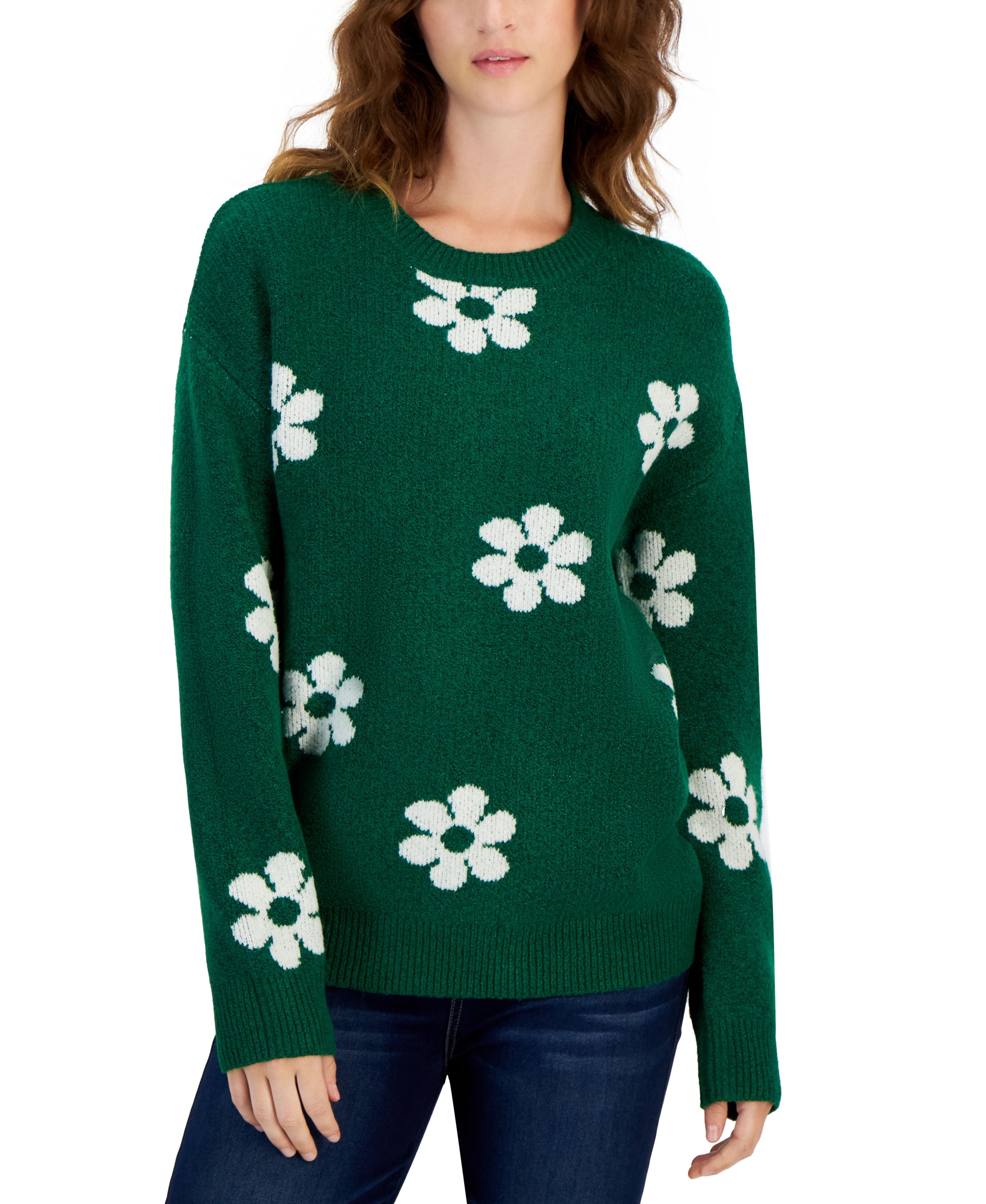 Juniors' Crewneck Daisy Printed Sweater