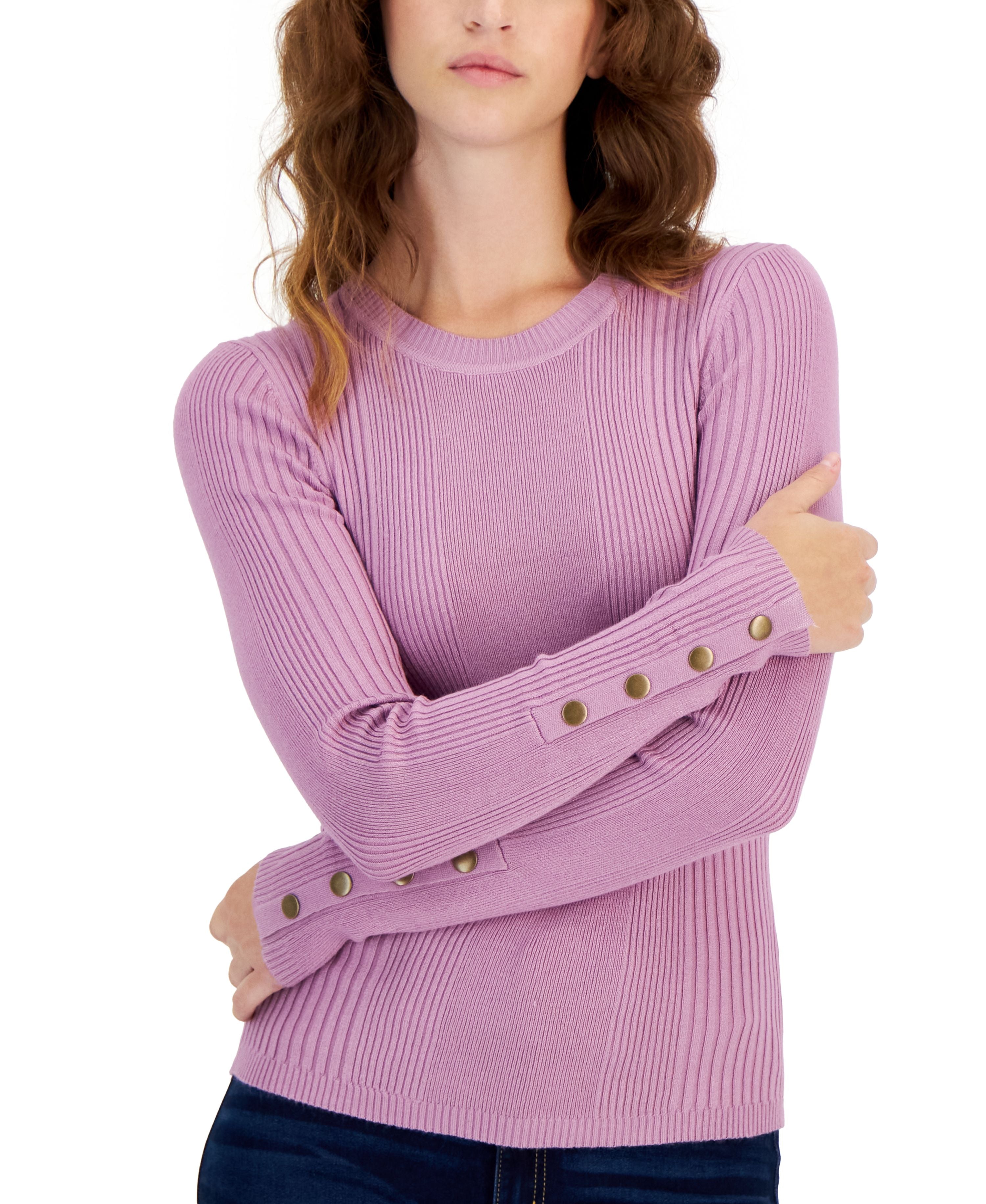 Juniors' Crewneck Button-Sleeve Sweater