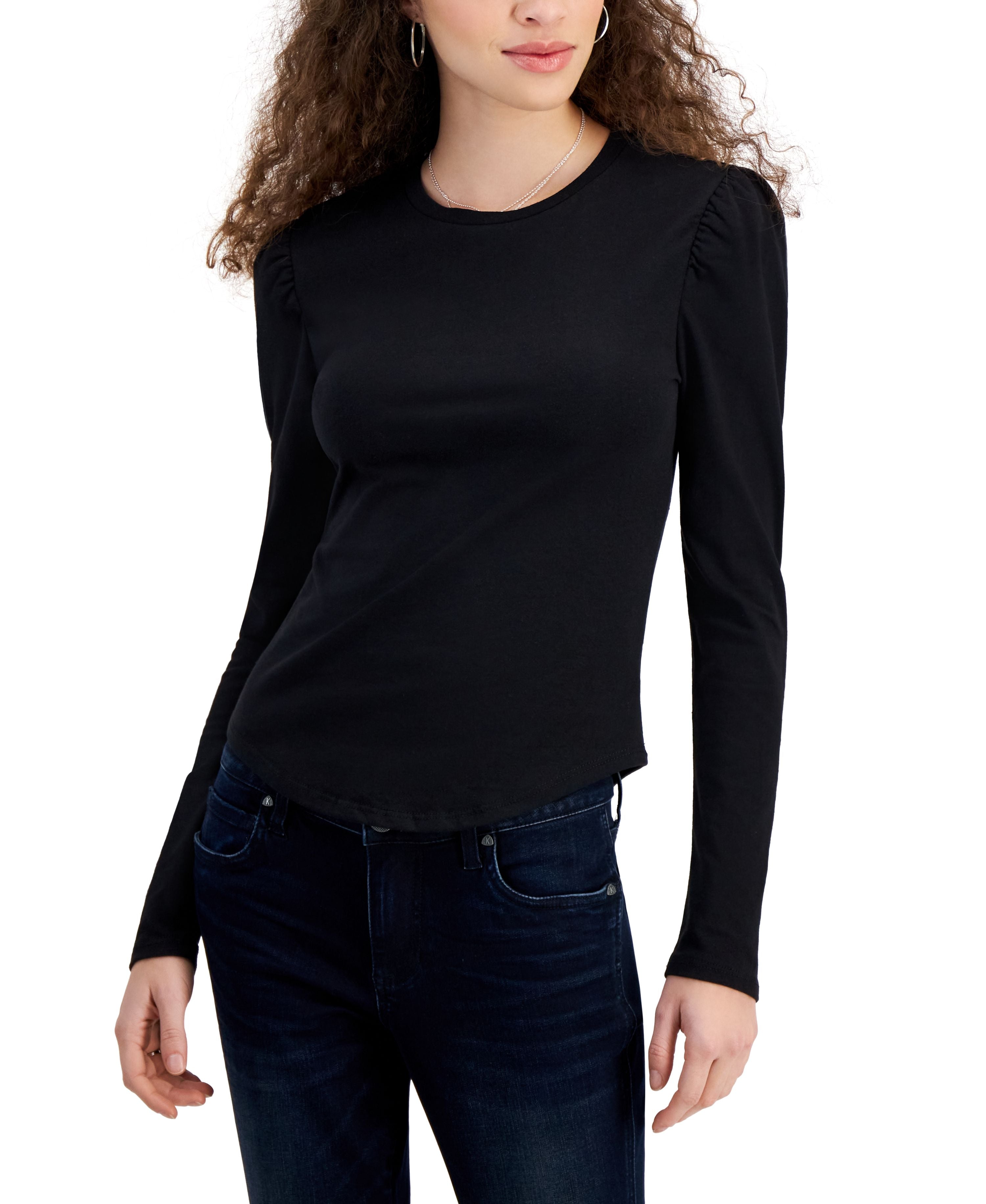 Juniors' Crewneck Puff-Shoulder Long-Sleeve Top