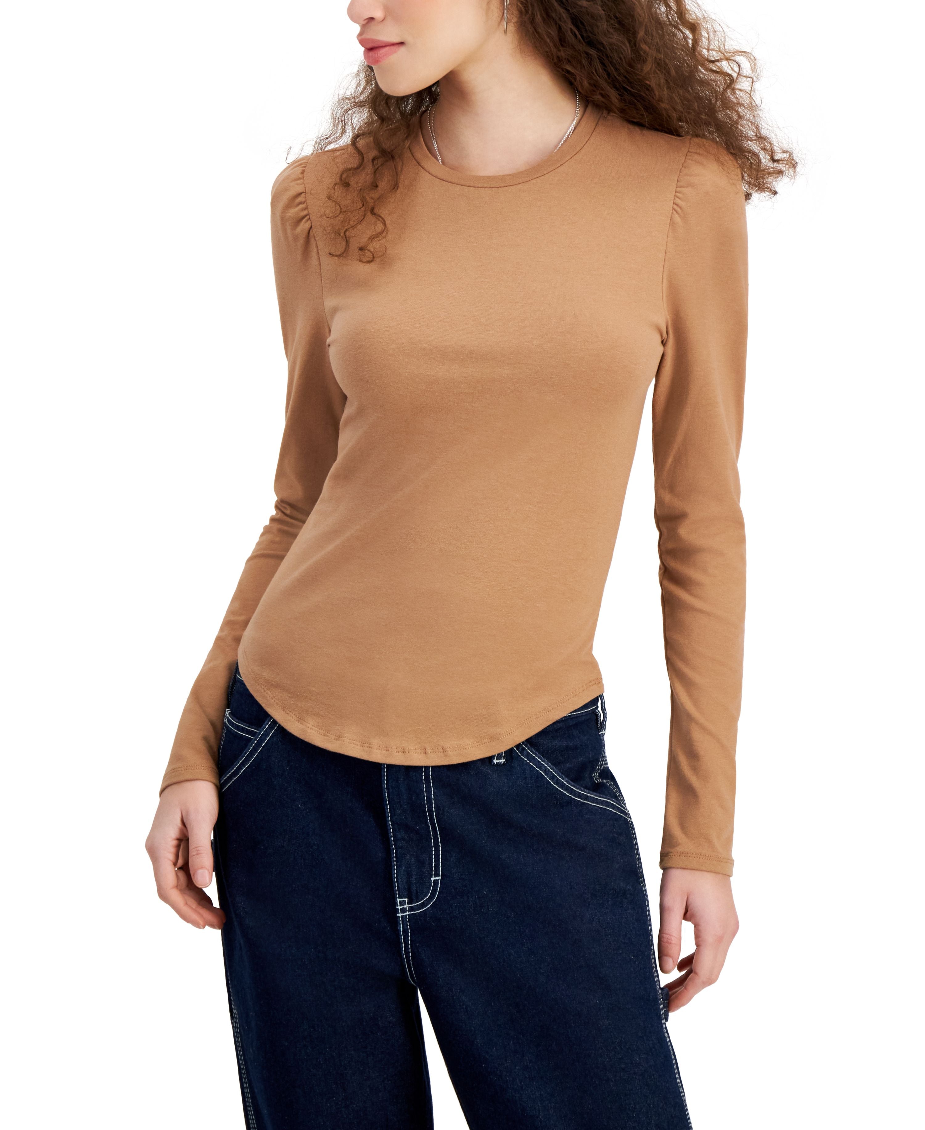 Juniors' Crewneck Puff-Shoulder Long-Sleeve Top