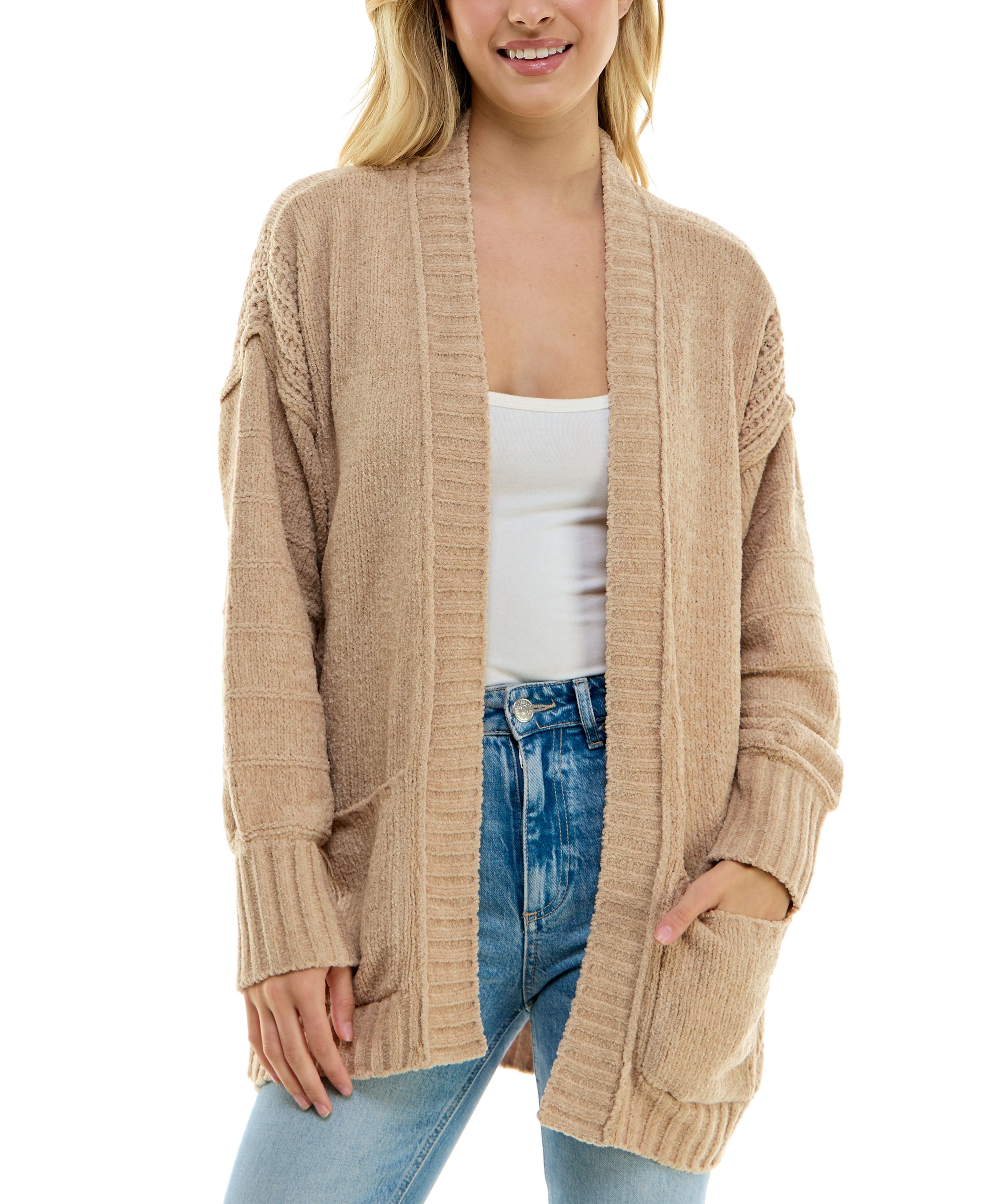 Juniors' Chenille Open-Front Patch-Pocket Cardigan