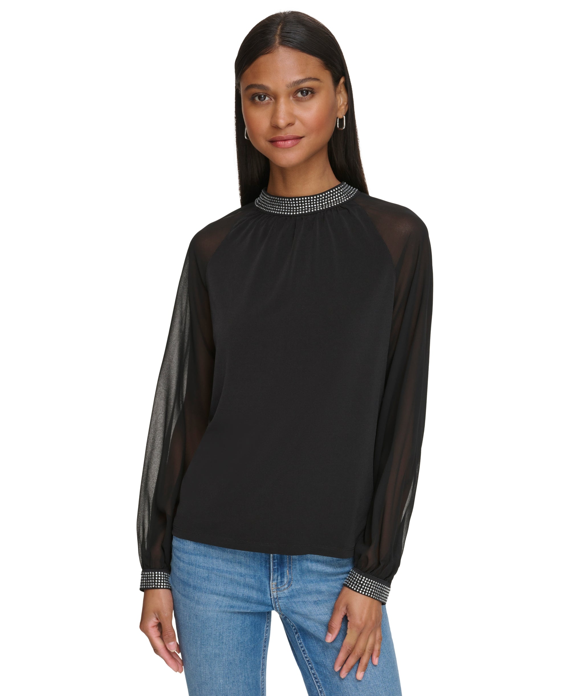 Women's Crystal-Trim Chiffon Sleeve Blouse