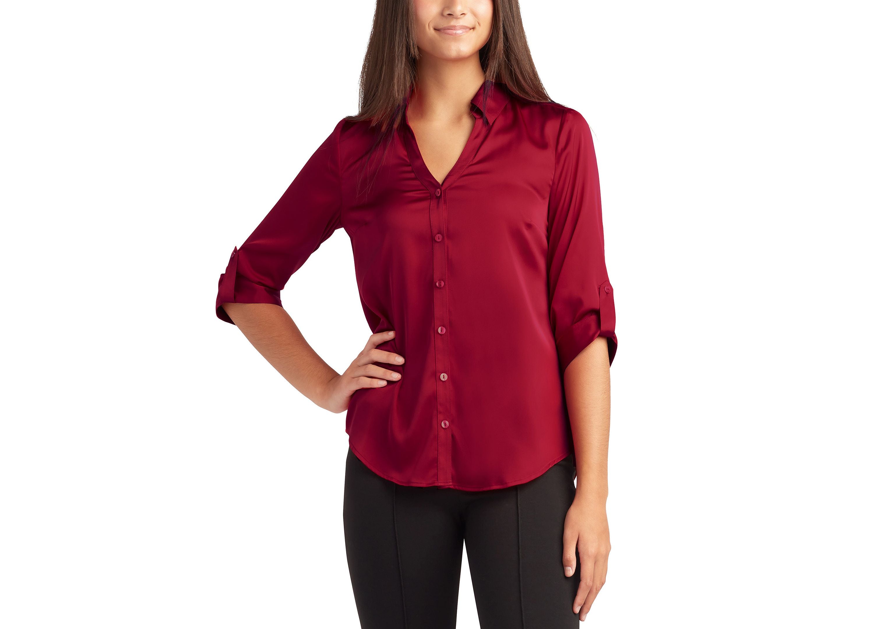 Juniors' Satin Collared V-Neck Blouse