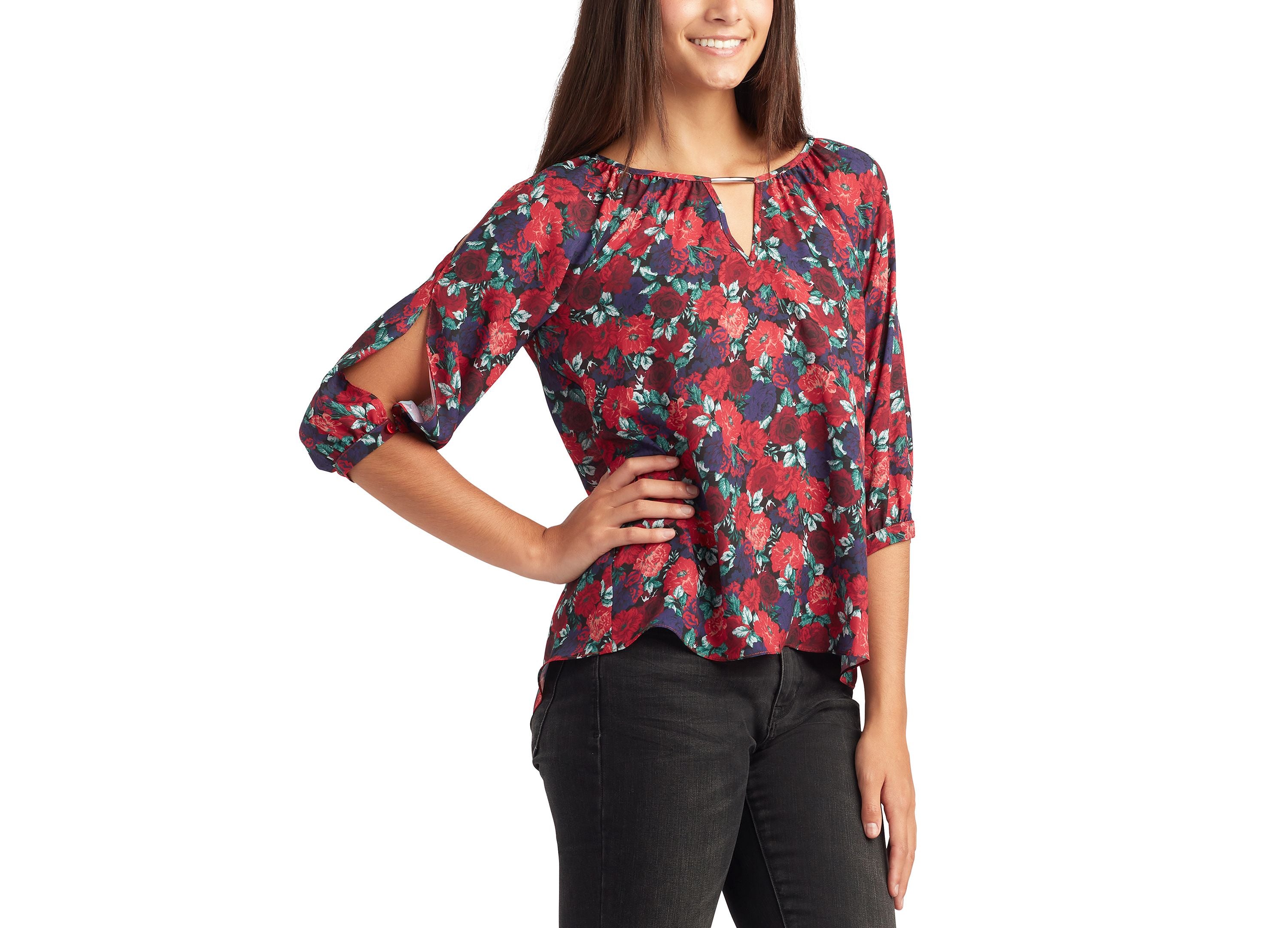 Juniors' Split-Sleeve Floral-Print Top